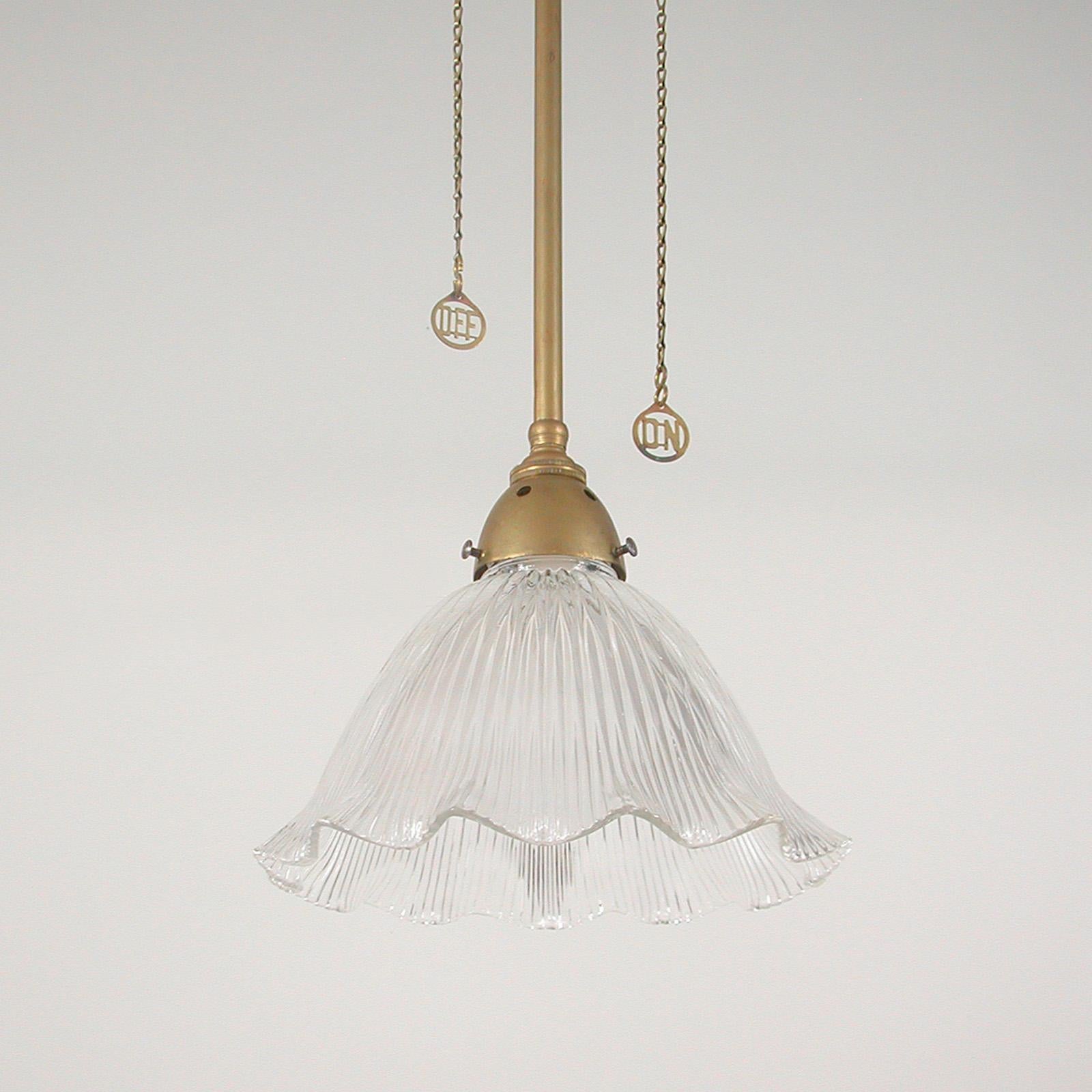 Art Deco Holophane Glass and Aged Brass Pendants, 1920s, Set of Two For Sale 2