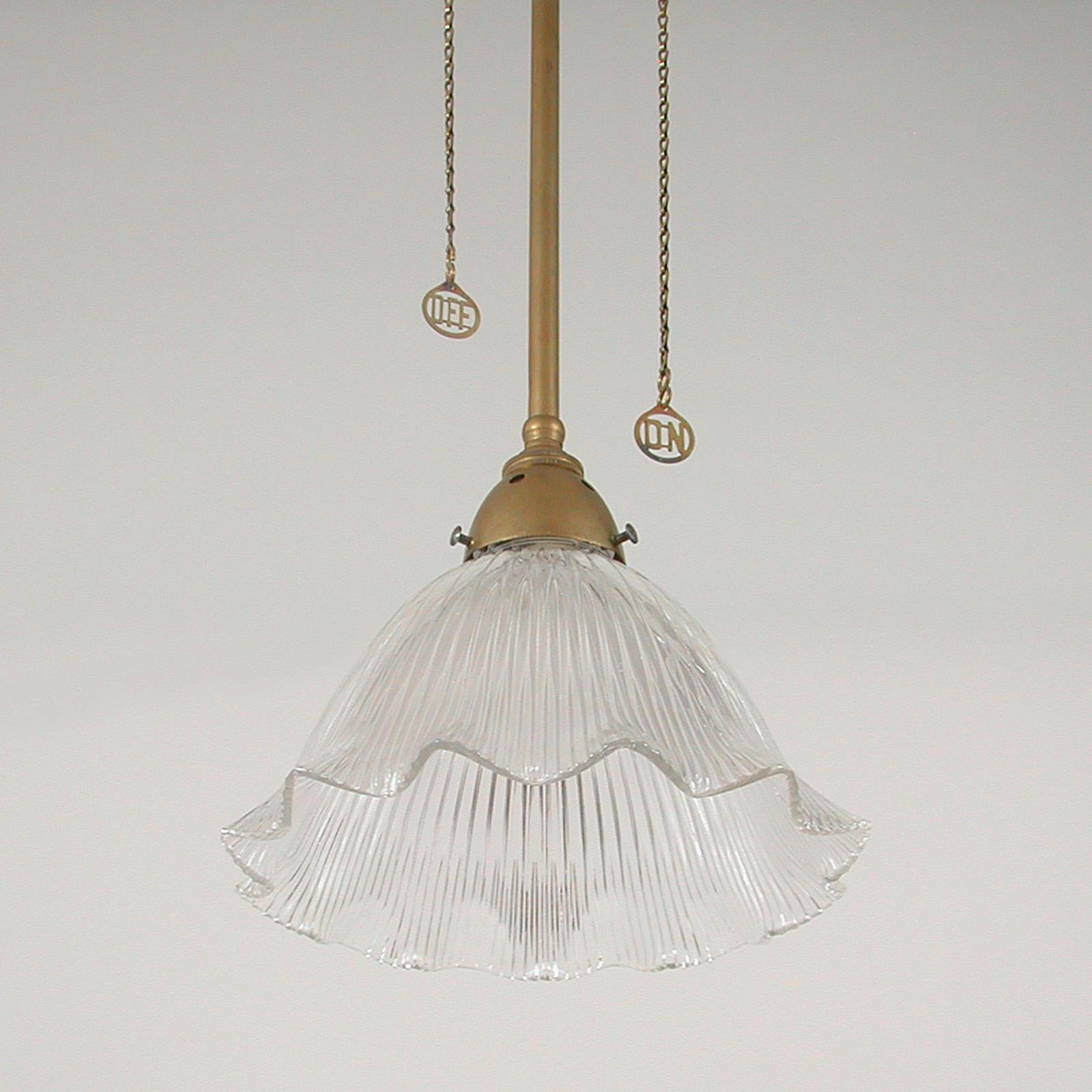 Art Deco Holophane Glass and Aged Brass Pendants, 1920s, Set of Two For Sale 4