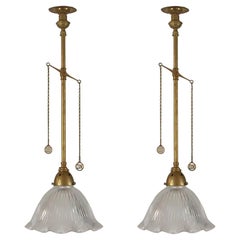 Used Art Deco Holophane Glass and Aged Brass Pendants, 1920s, Set of Two