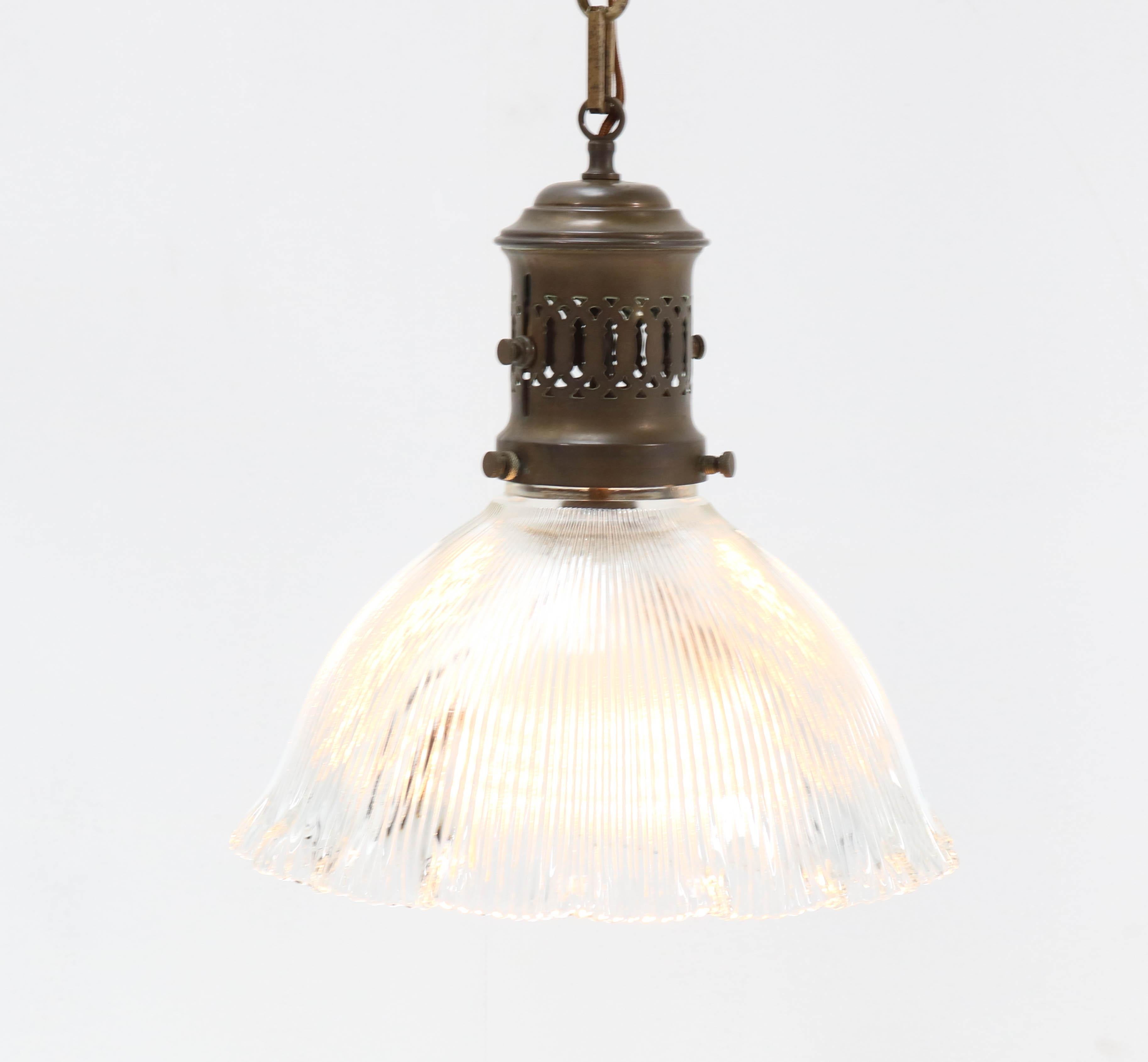 French Art Deco Holophane Glass Ceiling Pendant Lamp For Sale