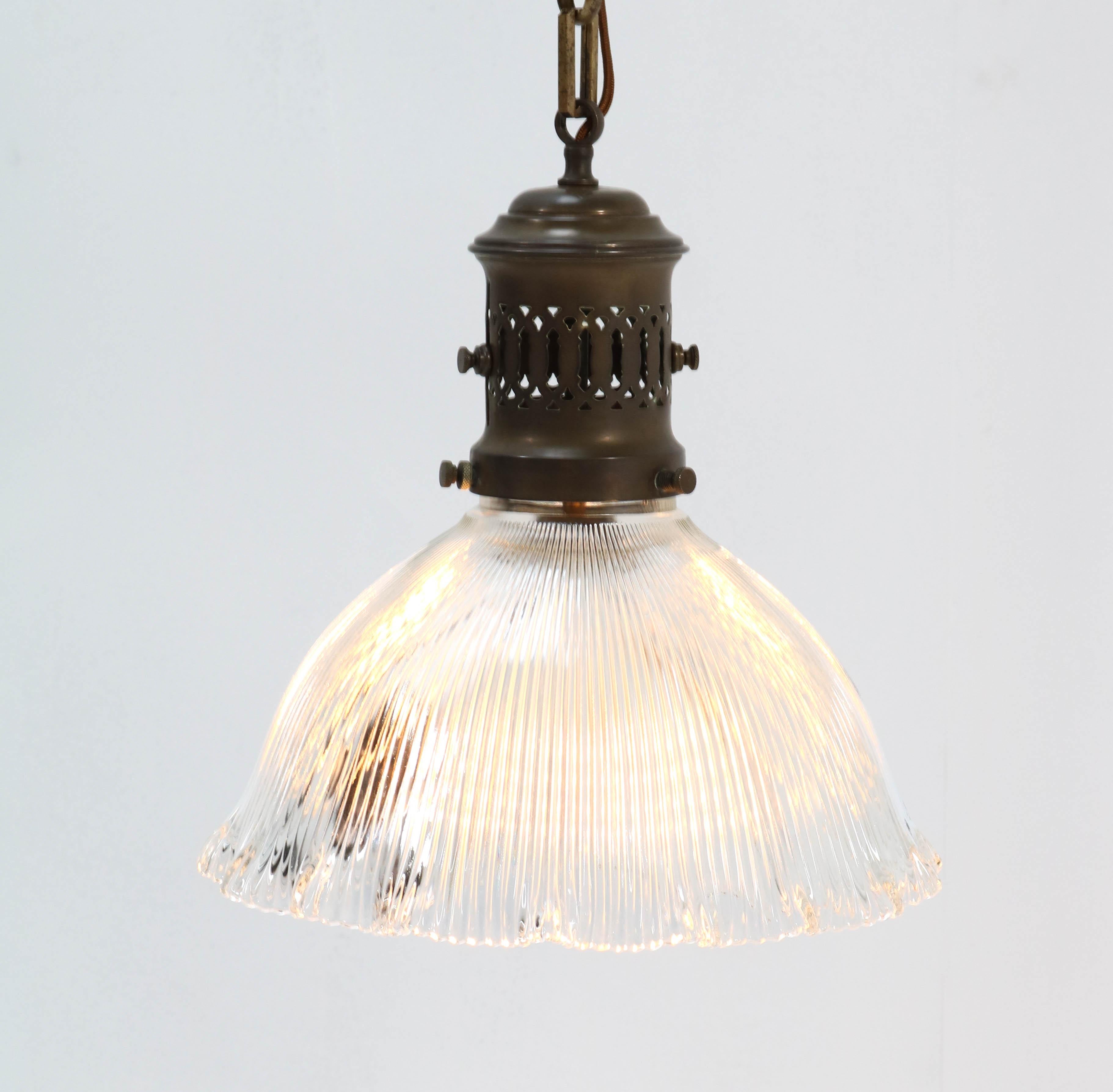 Art Deco Holophane Glass Ceiling Pendant Lamp In Good Condition For Sale In Amsterdam, NL