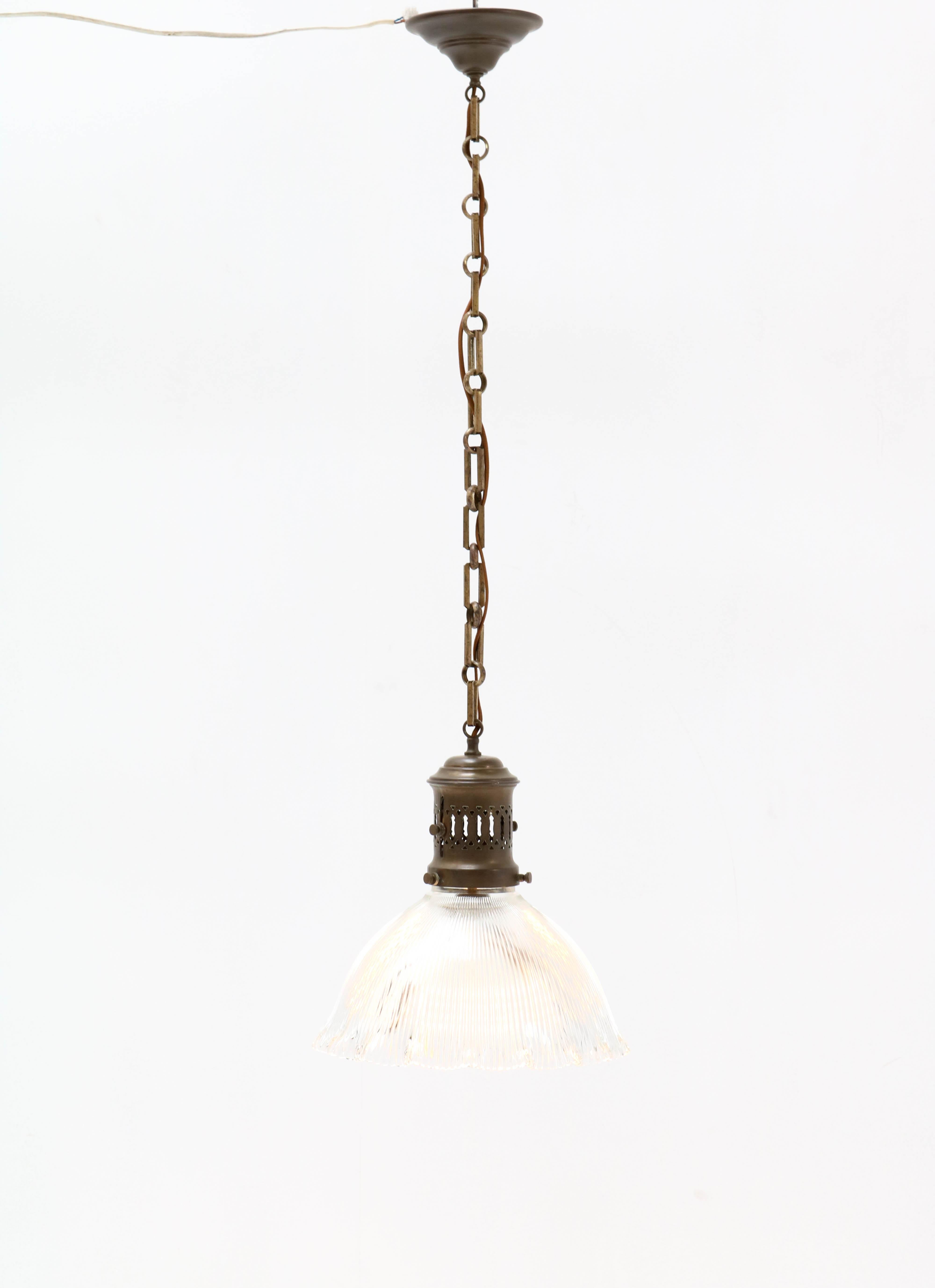 Brass Art Deco Holophane Glass Ceiling Pendant Lamp For Sale