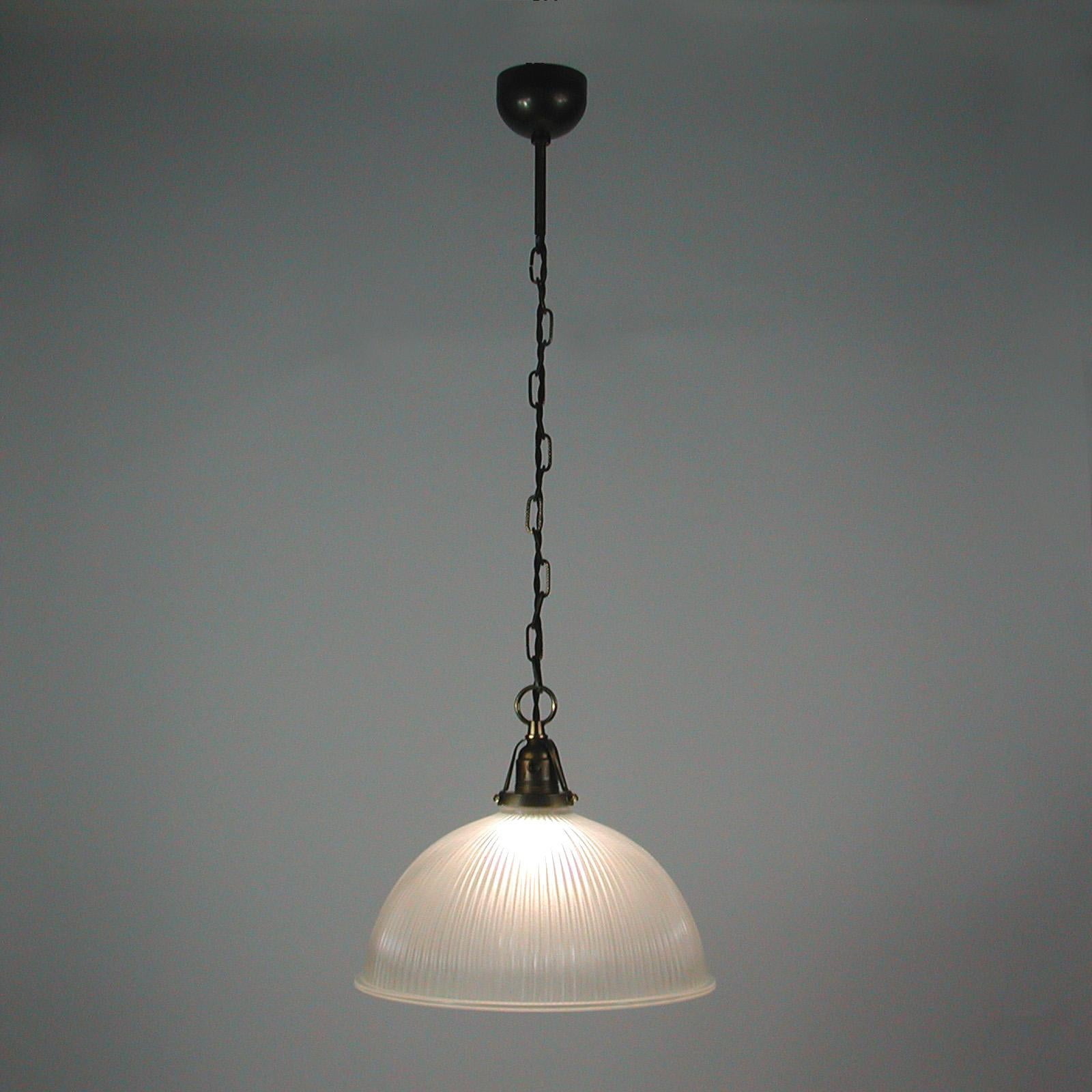Art Deco Holophane Industrial Glass Pendant Lamp, France, 1930s 4