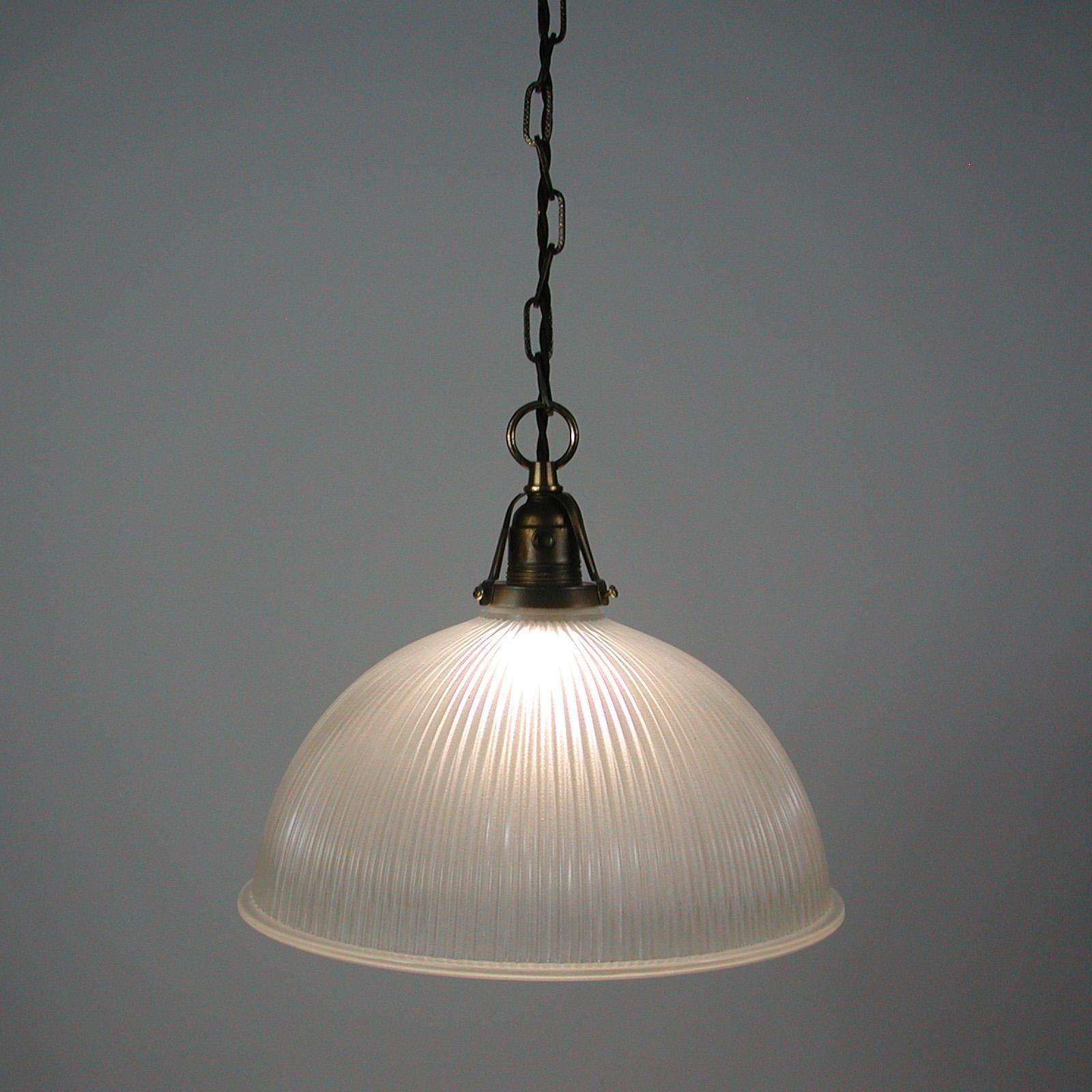 Art Deco Holophane Industrial Glass Pendant Lamp, France, 1930s 6