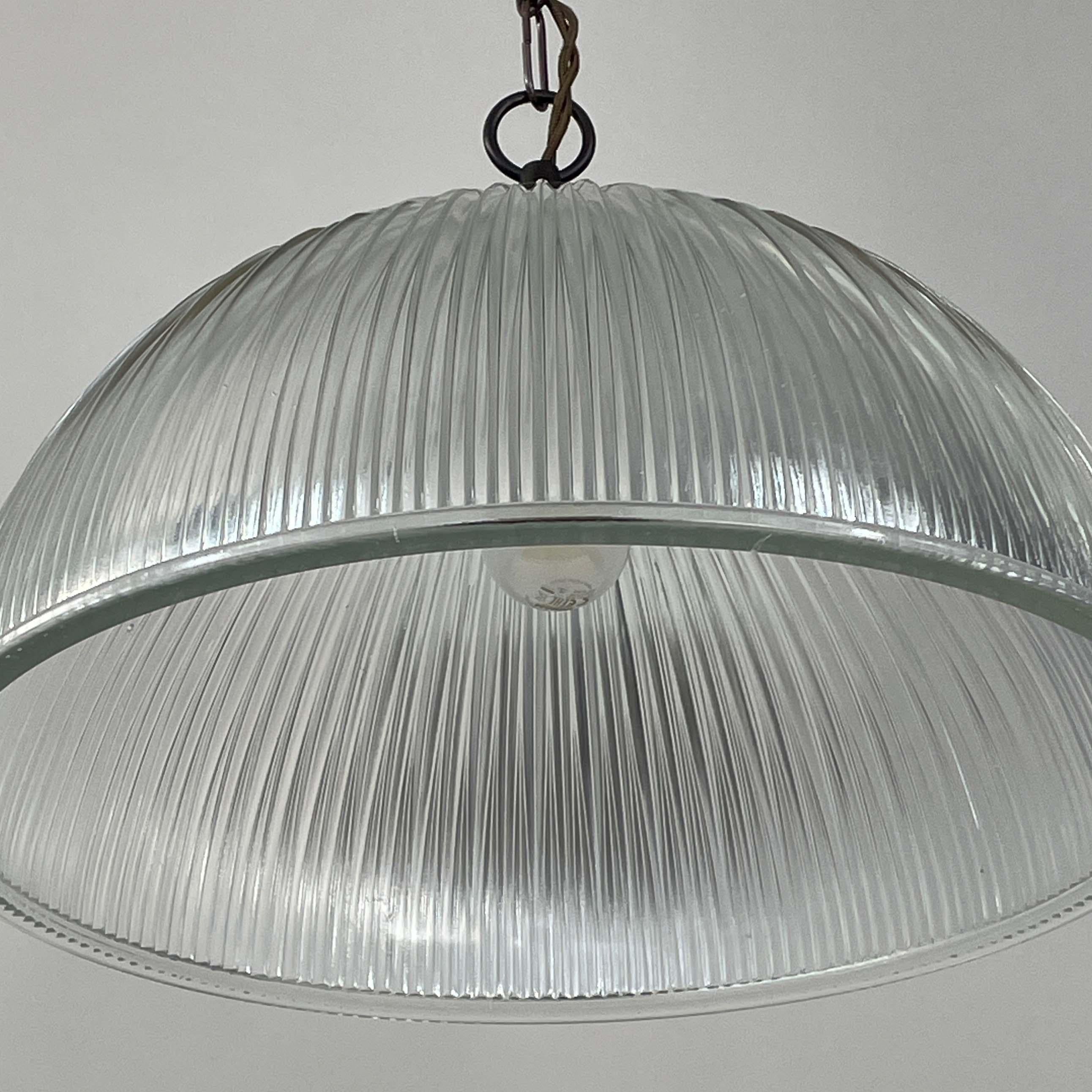 French Art Deco Holophane Industrial Glass Pendant Lamp, France, 1930s For Sale