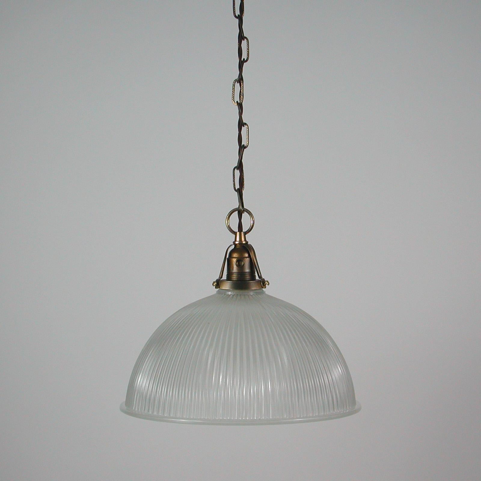 French Art Deco Holophane Industrial Glass Pendant Lamp, France, 1930s