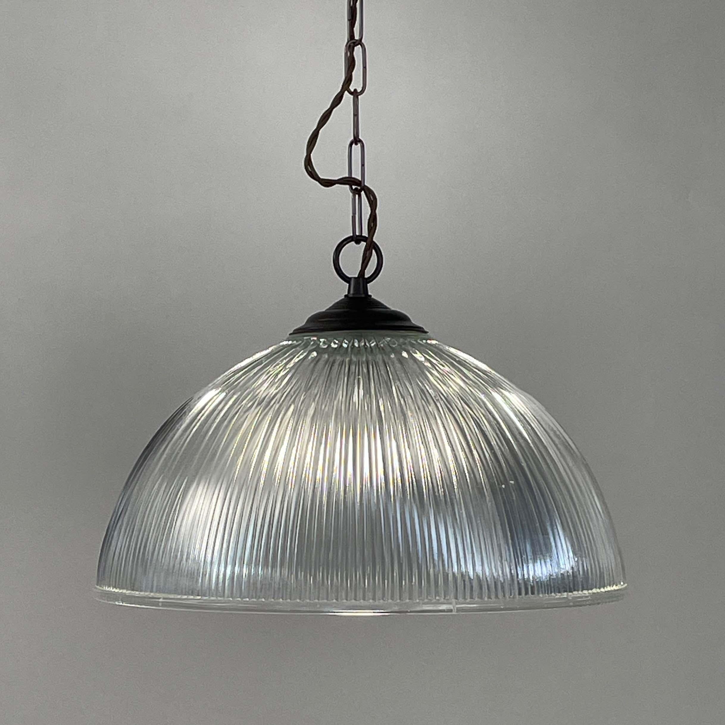 Mid-20th Century Art Deco Holophane Industrial Glass Pendant Lamp, France, 1930s For Sale