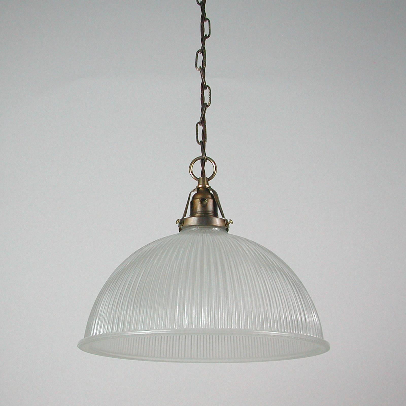 Brass Art Deco Holophane Industrial Glass Pendant Lamp, France, 1930s