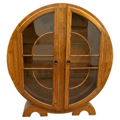 Art Deco Honey Oak Circular Vitrine Display Cabinet, English, c1930
