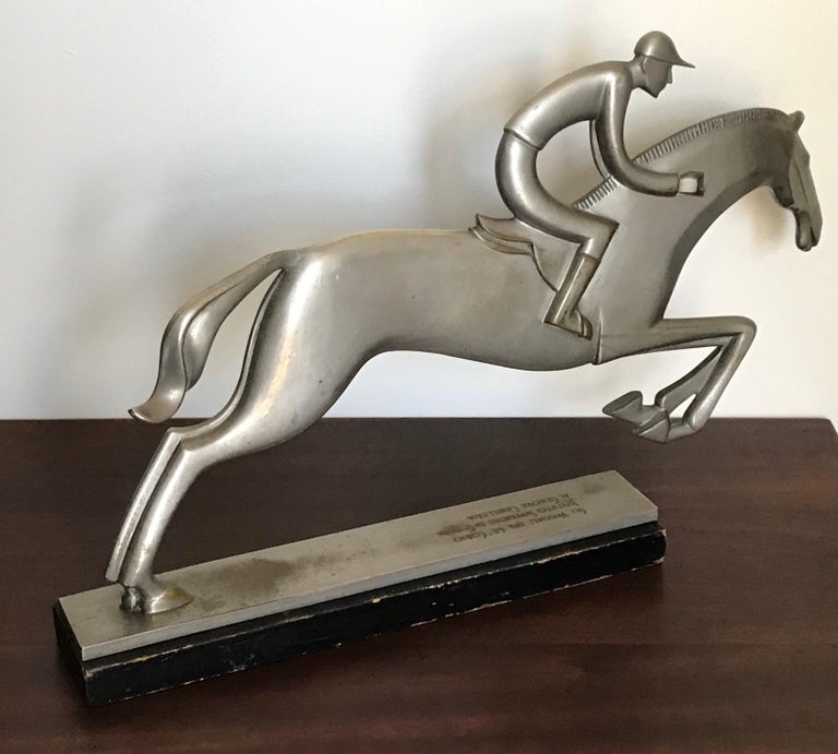 Art Deco Sculpture of Equestrian Horse and Jockey, Silver Plated Bronze