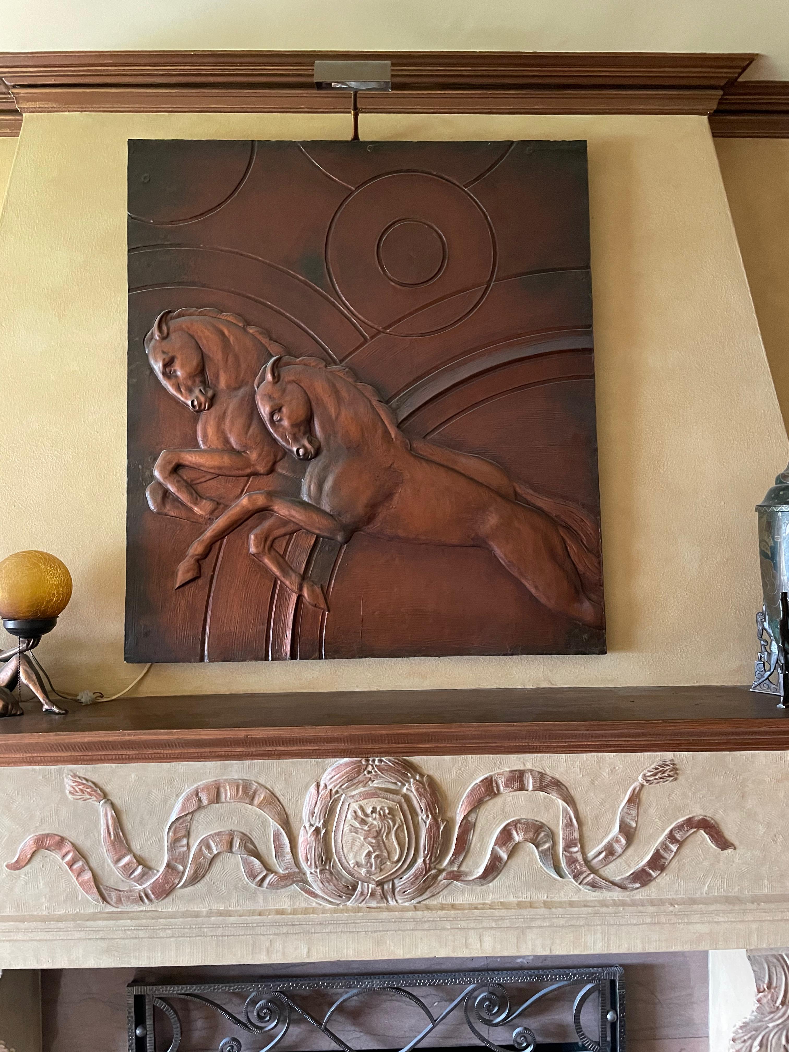 Belgian Art Deco Horse Bas Relief 1930's Interior Large Copper Design