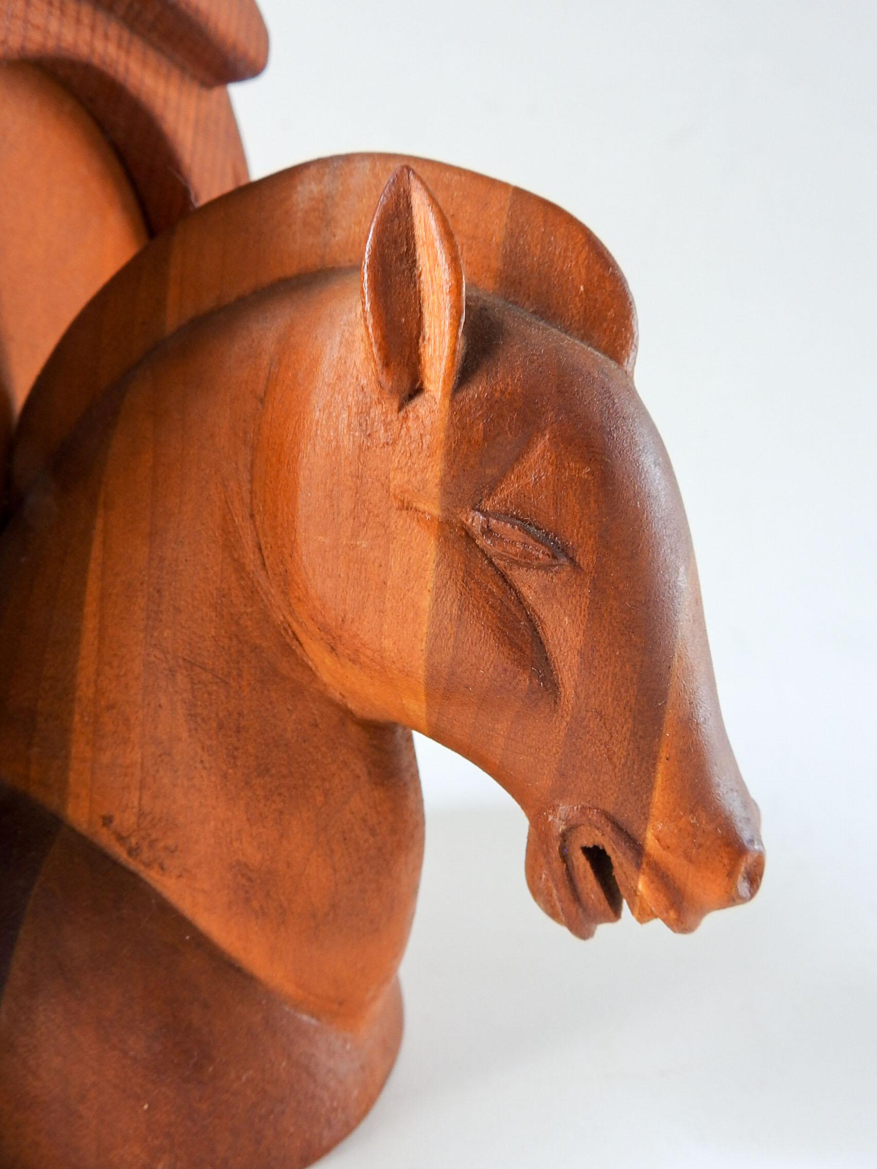 Vintage hand carved Art Deco wood horse and horseshoe single bookend. Name Jerry carved into front backing, smooth matte finish. Some scuffing to finish.