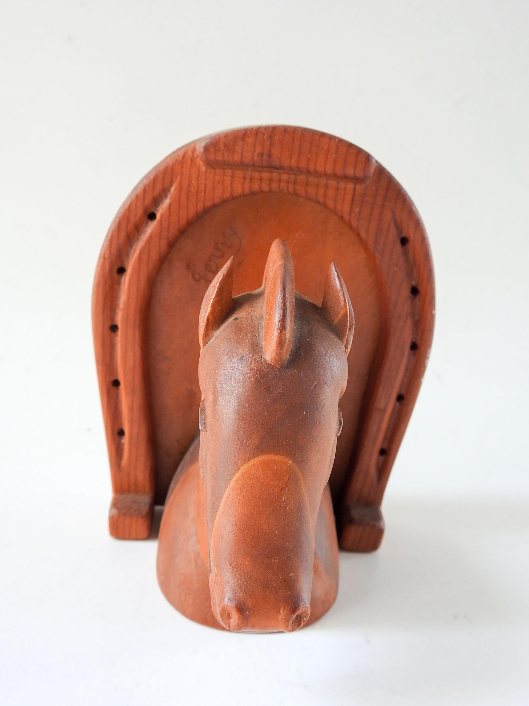 North American Art Deco Horse Head Horseshoe Hand Carved Wood Bookend For Sale