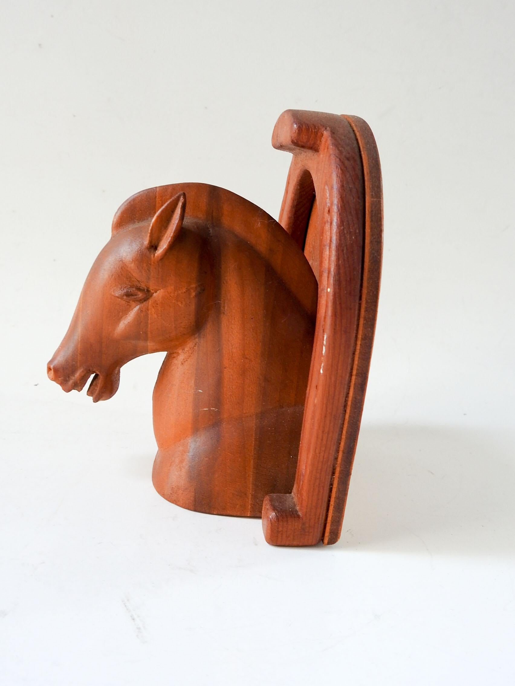 North American Art Deco Horse Head Horseshoe Hand Carved Wood Bookend For Sale