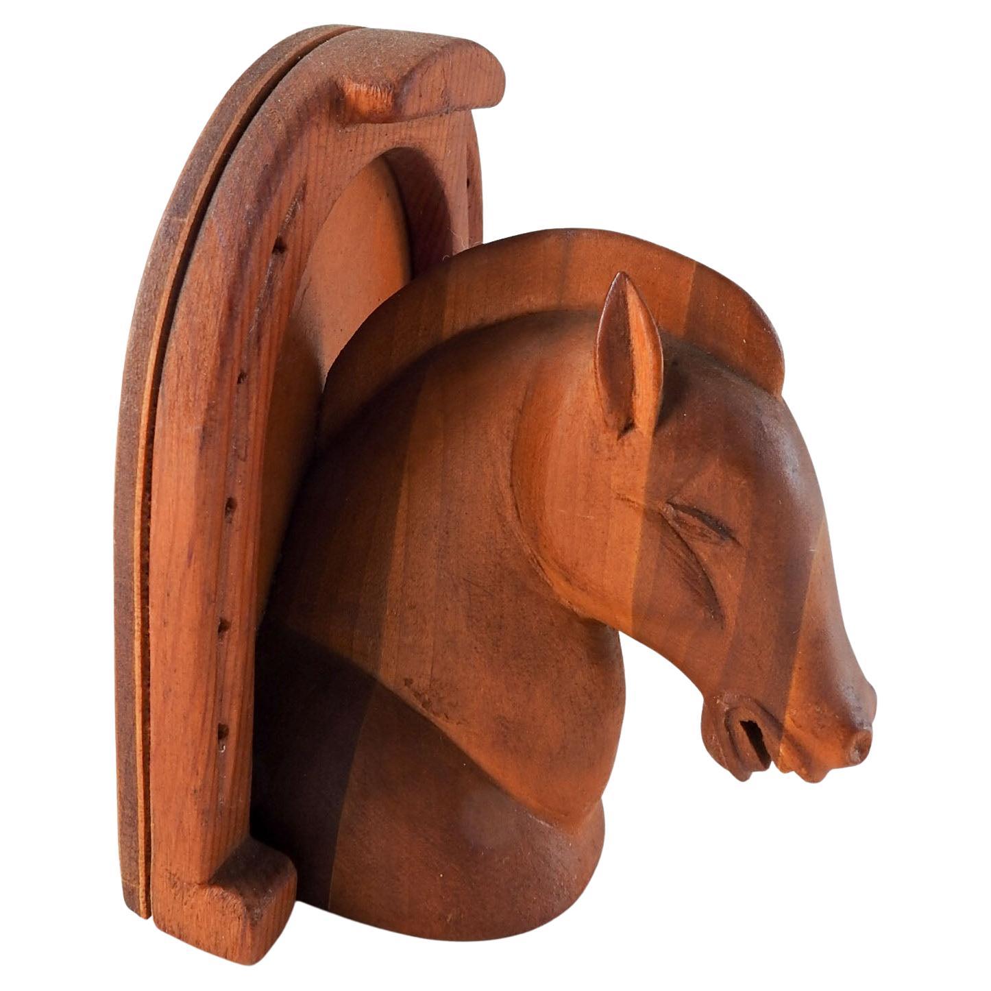 Serre-livres Art Déco en bois sculpté à la main avec tête de cheval en fer à cheval