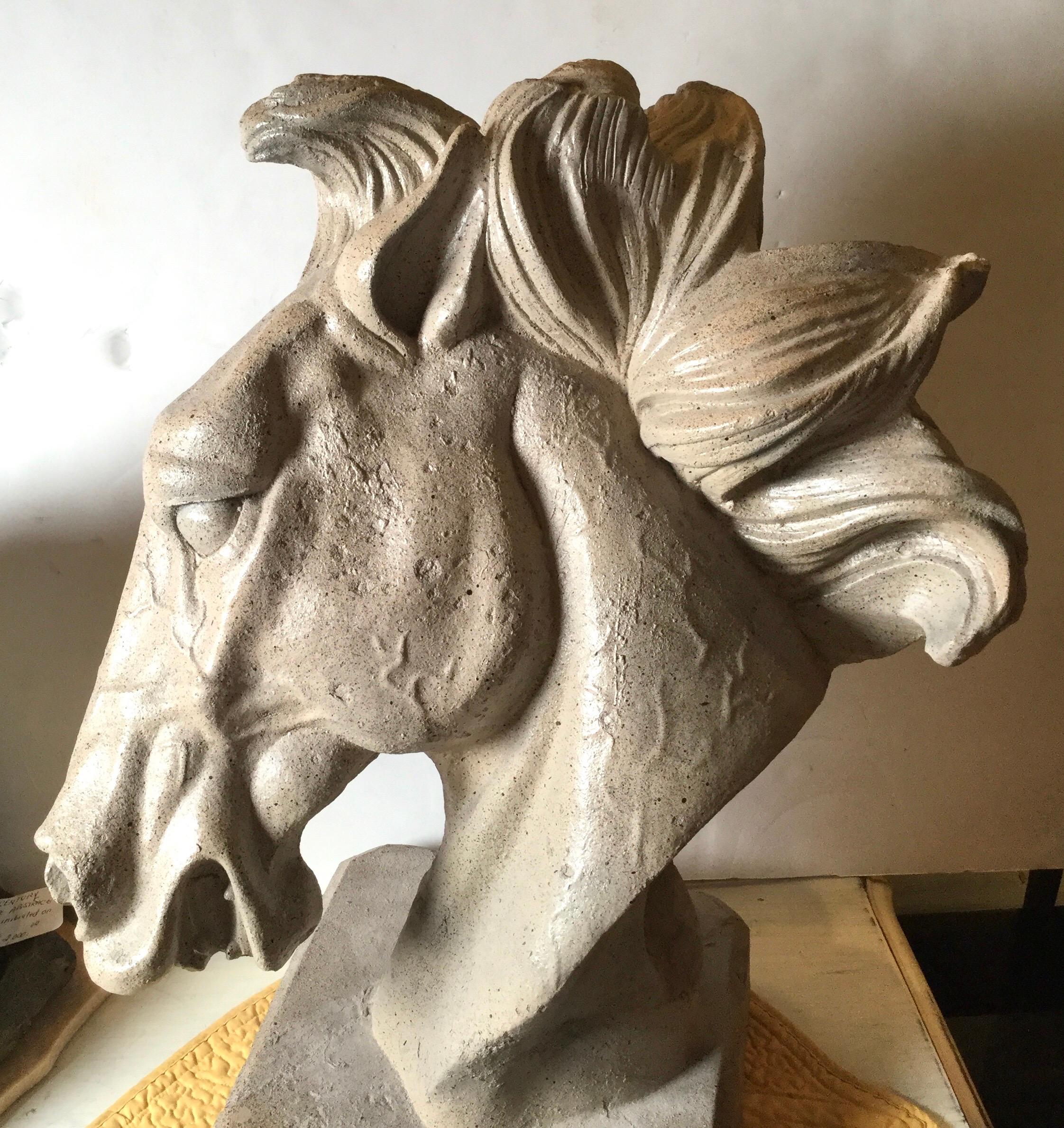 Carved Art Deco Horse Head with Flowing Mane of Polished Concrete For Sale