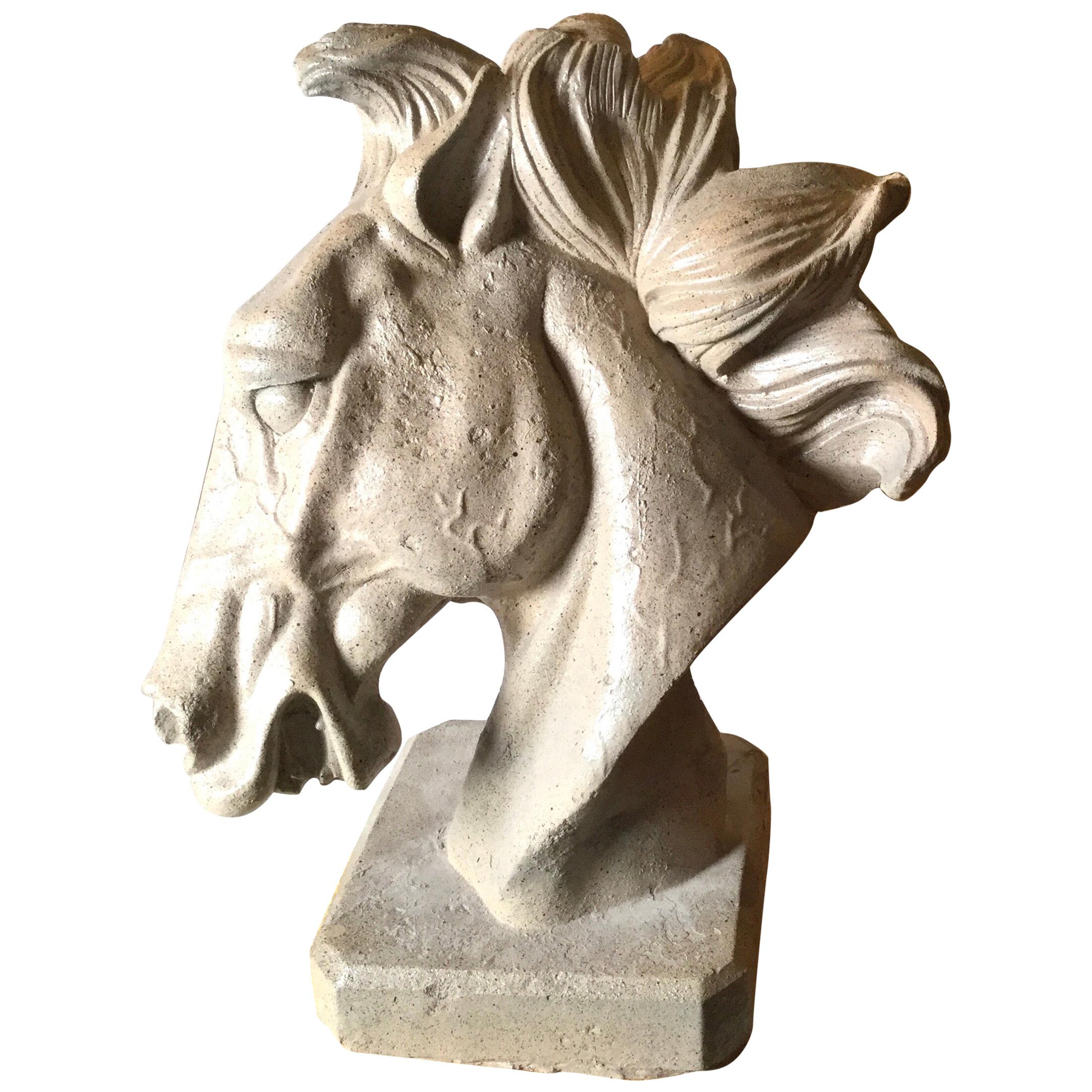 Art Deco Horse Head with Flowing Mane of Polished Concrete For Sale
