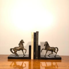 Art Deco Horses Shaped Bronze and Black Marble Bookends