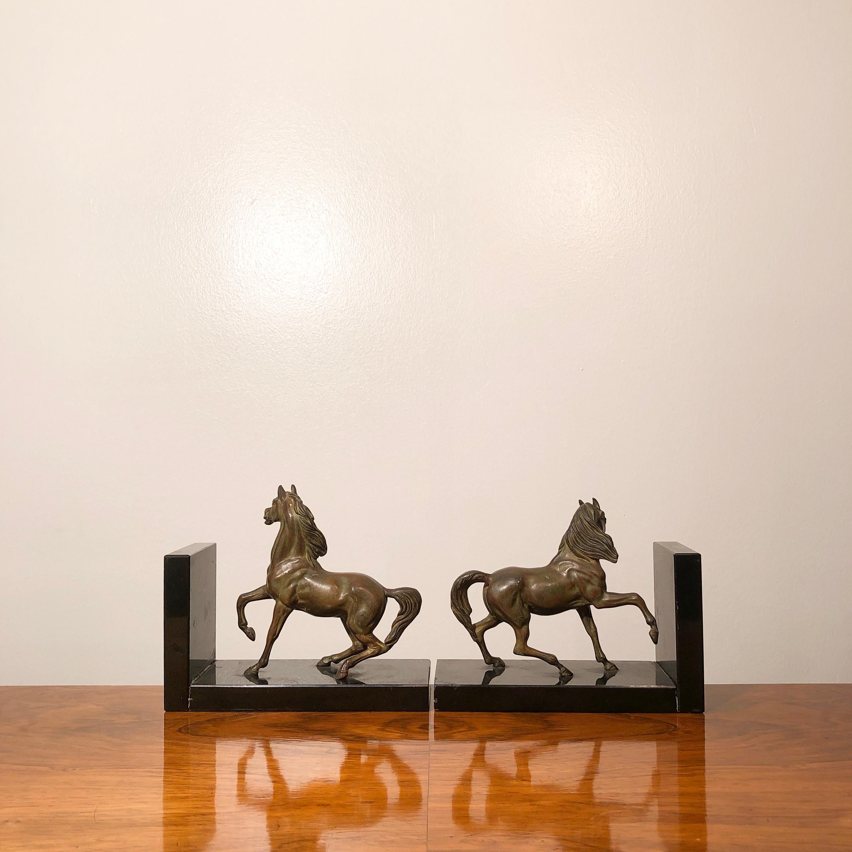 20th Century Art Deco Horses Shaped Bronze and Black Marble Bookends