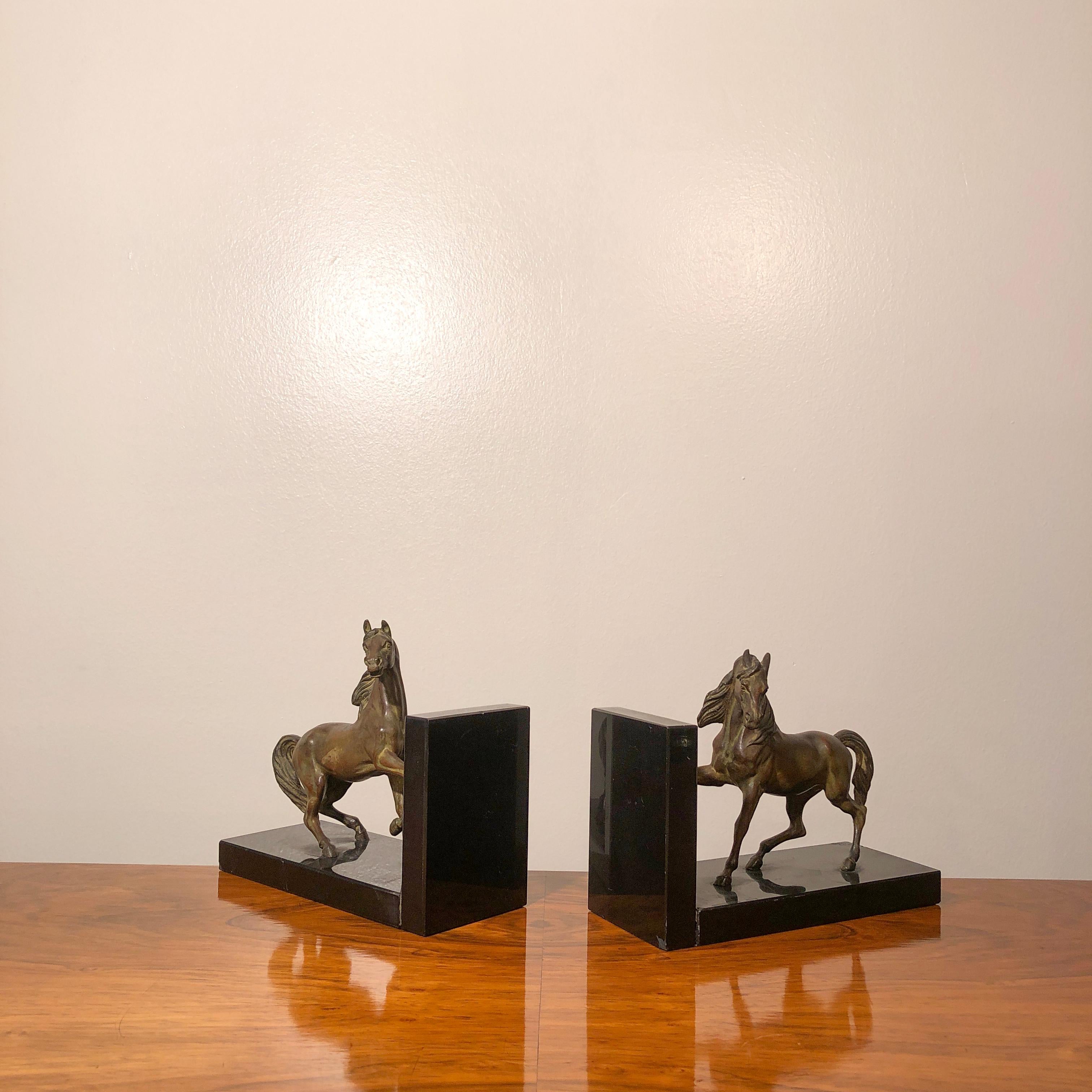 Art Deco Horses Shaped Bronze and Black Marble Bookends 1