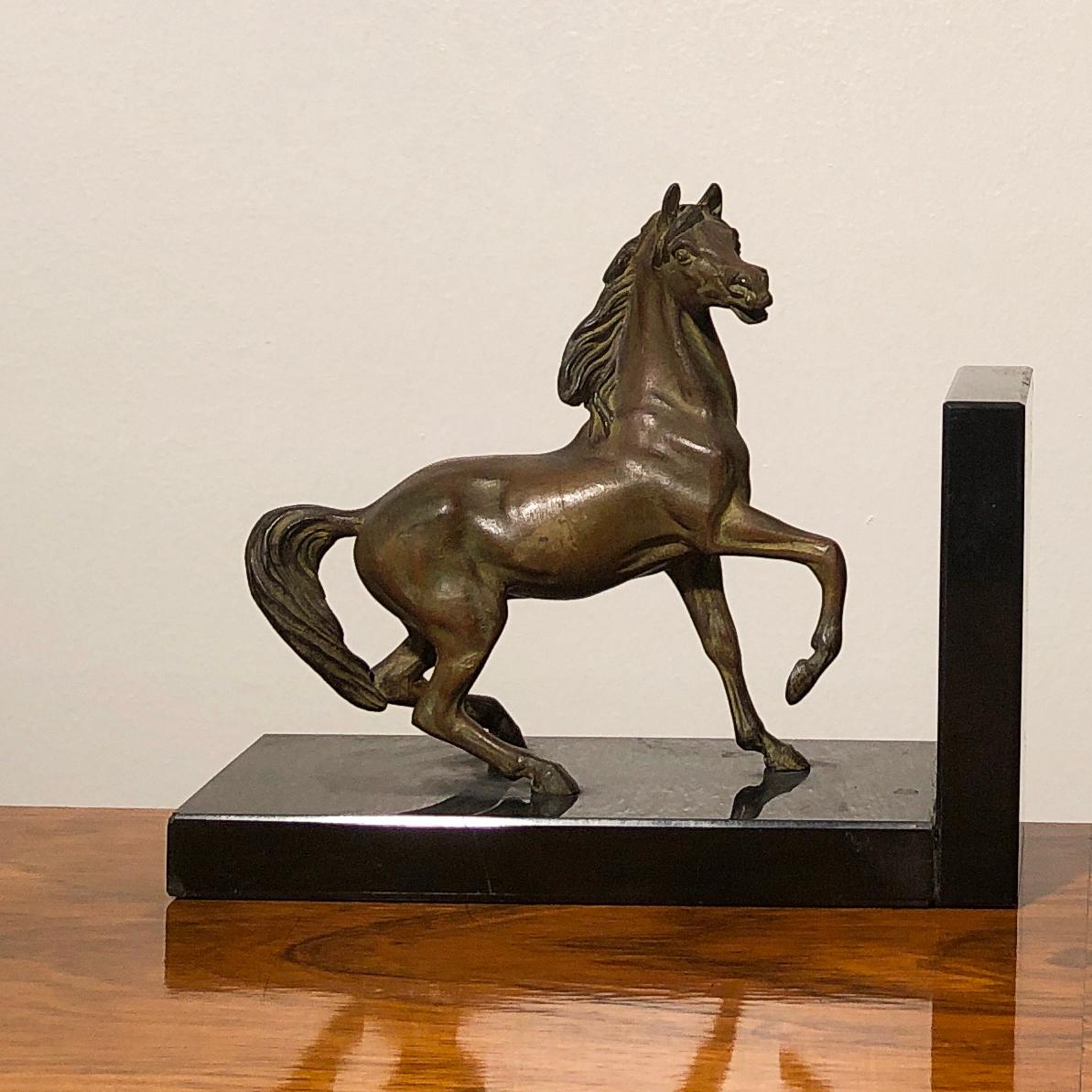 Art Deco Horses Shaped Bronze and Black Marble Bookends 3