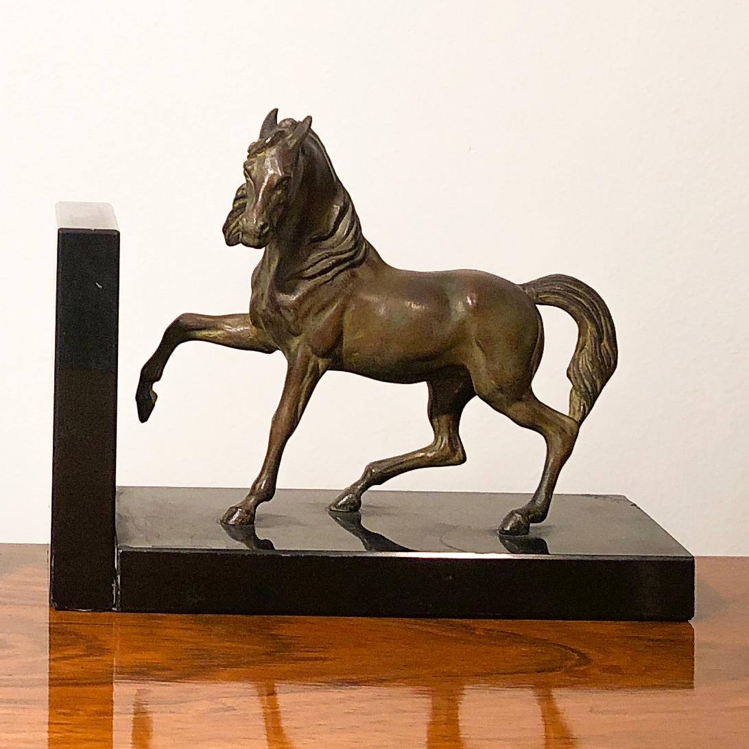 Art Deco Horses Shaped Bronze and Black Marble Bookends 4