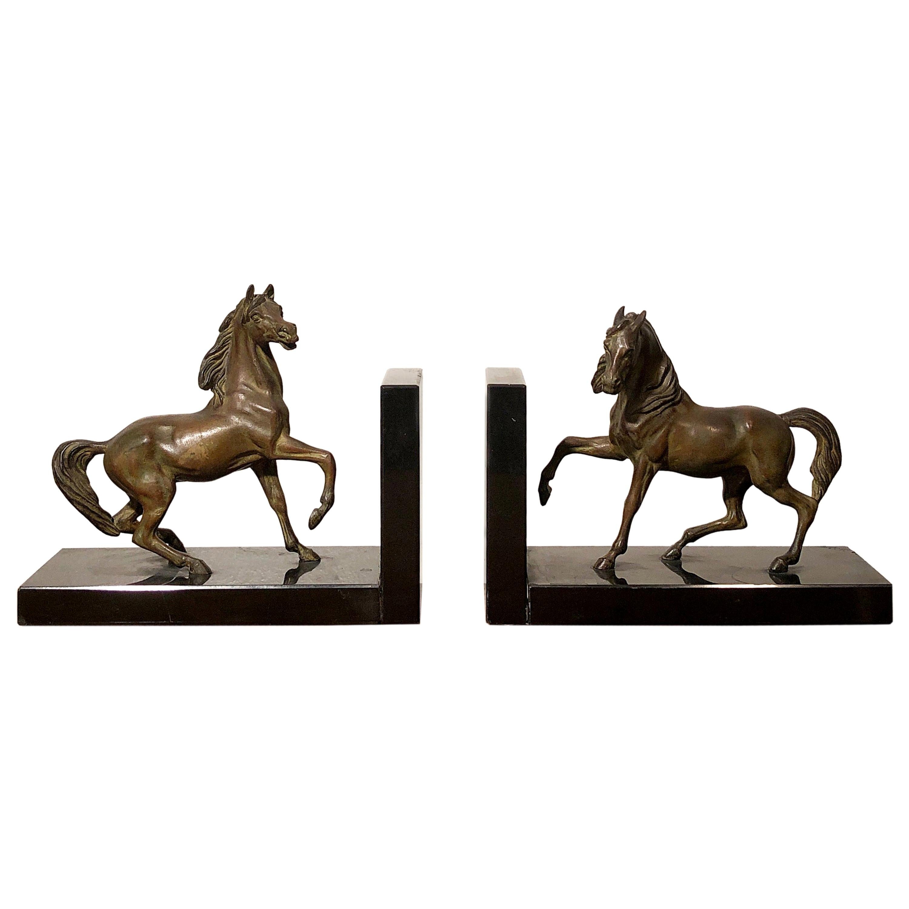 Art Deco Horses Shaped Bronze and Black Marble Bookends