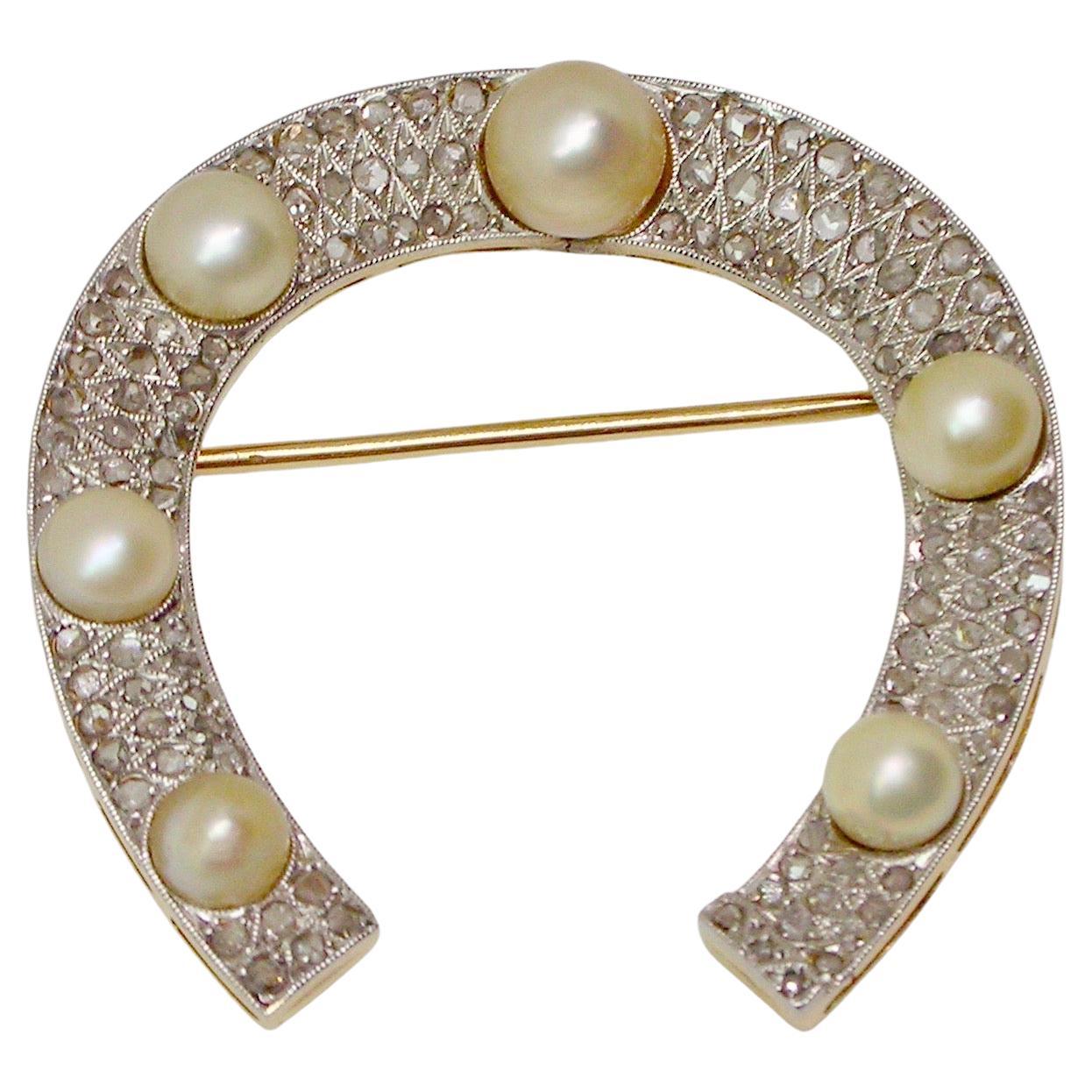 Art Deco Horseshoe Brooch with Pearls and Diamonds For Sale