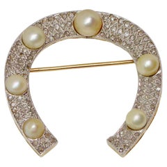 Antique Art Deco Horseshoe Brooch with Pearls and Diamonds