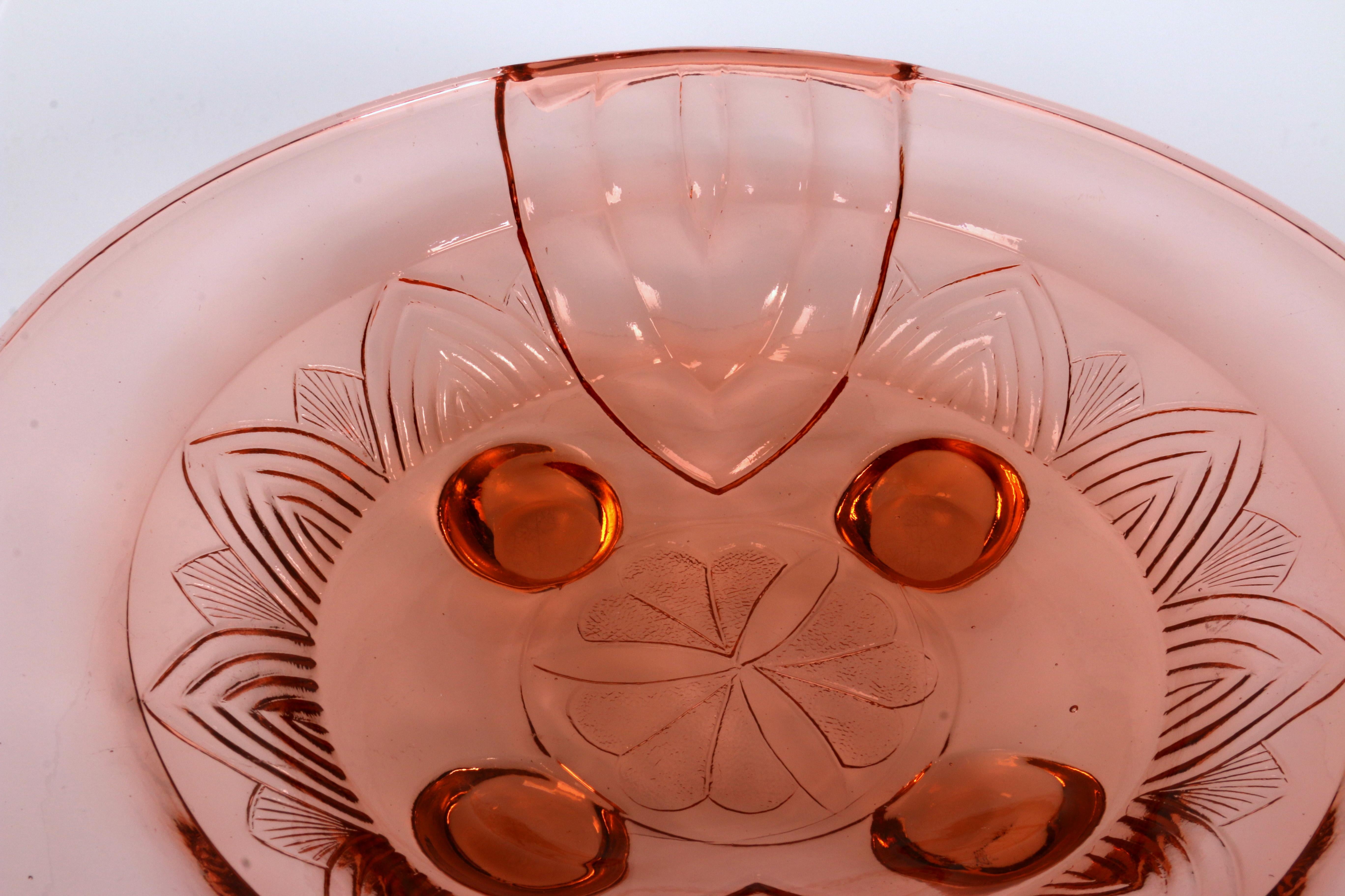 Art Deco art deco huge Ø32cm! glass rosé colored Bohemian Fruit Bowl plate ar. 1930 For Sale