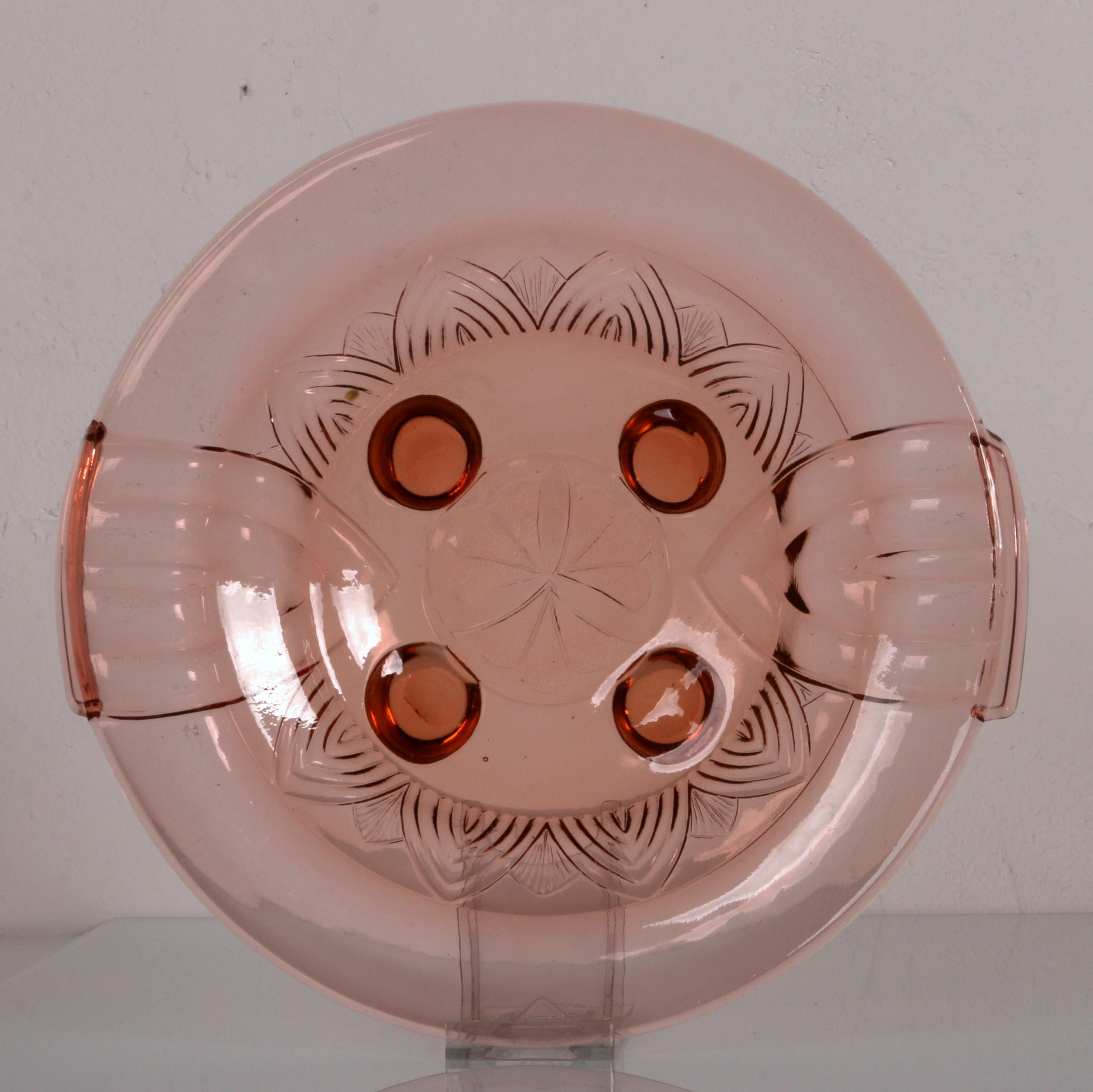 Mid-20th Century art deco huge Ø32cm! glass rosé colored Bohemian Fruit Bowl plate ar. 1930 For Sale