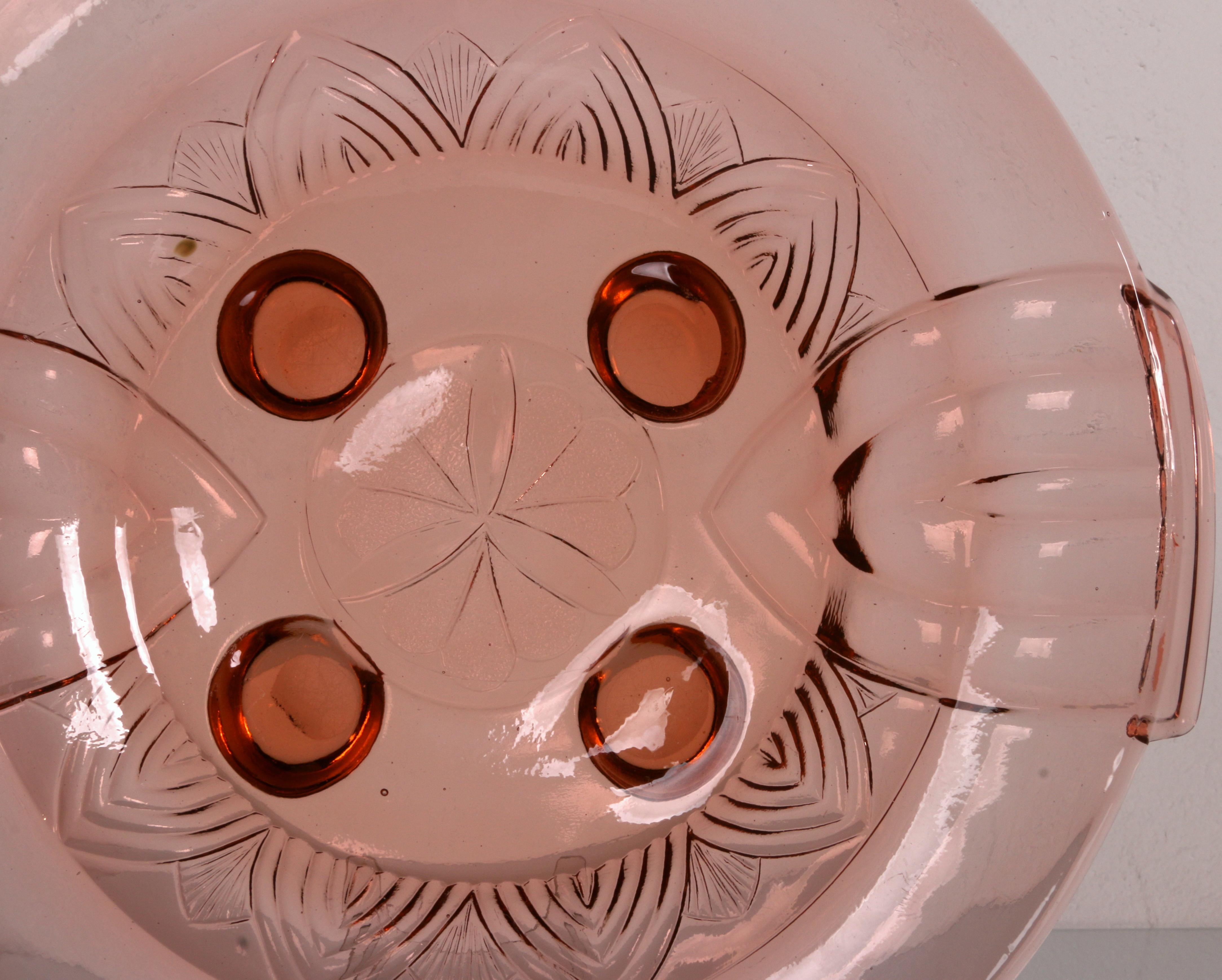 Stained Glass art deco huge Ø32cm! glass rosé colored Bohemian Fruit Bowl plate ar. 1930 For Sale