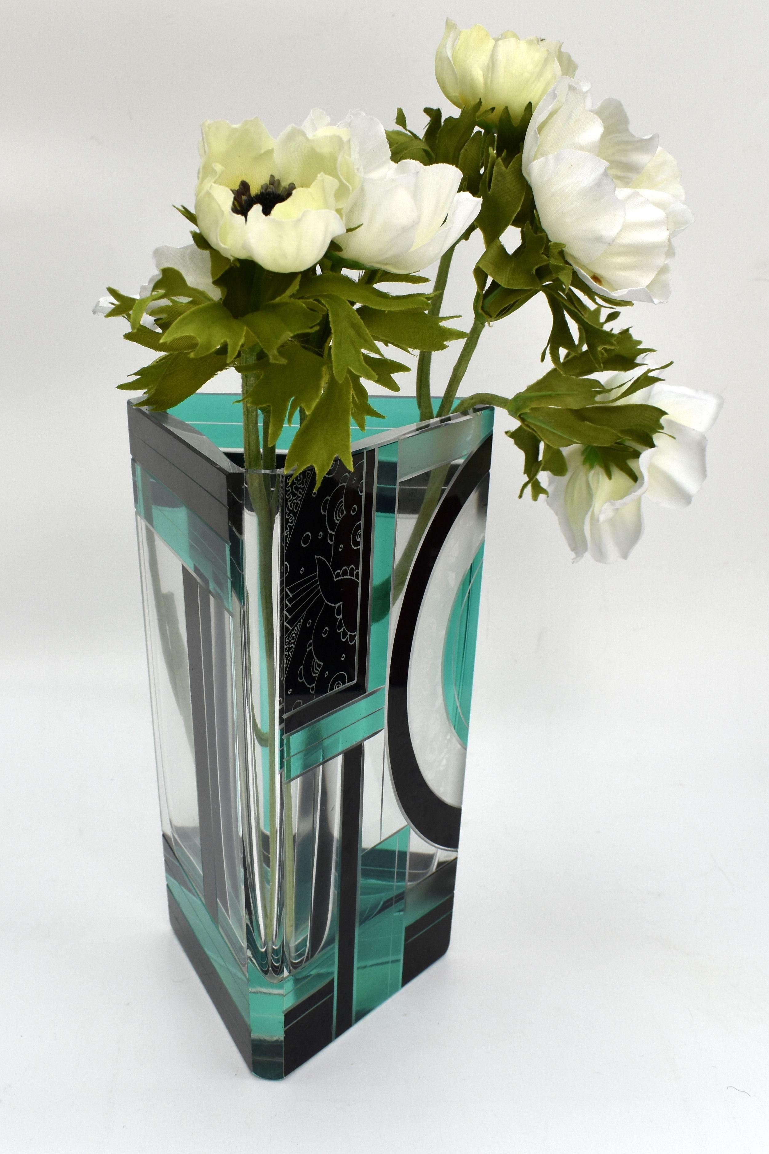 Art Deco Huge Cut Glass & Enamel Etched Vase, c1930 5