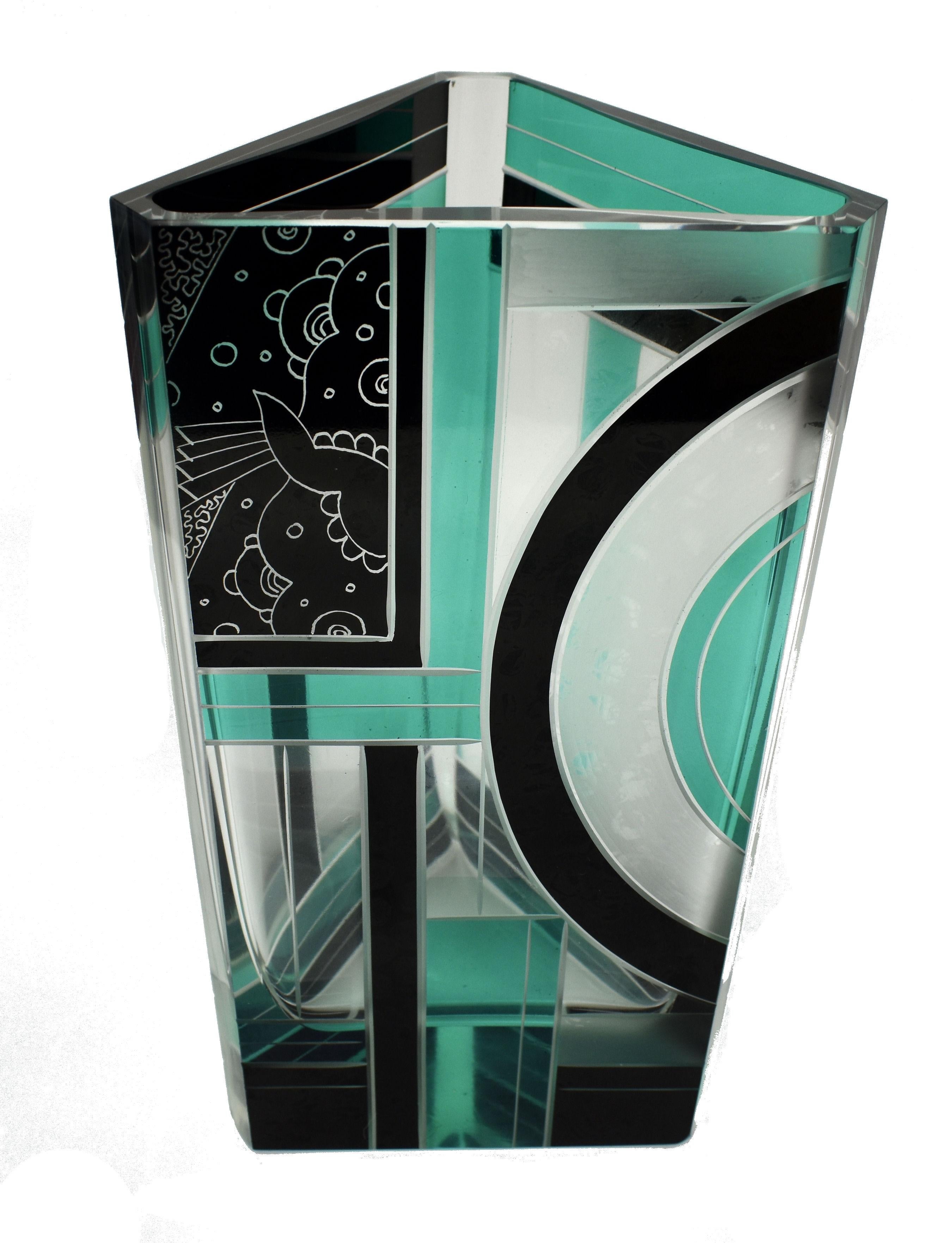 20th Century Art Deco Huge Cut Glass & Enamel Etched Vase, c1930