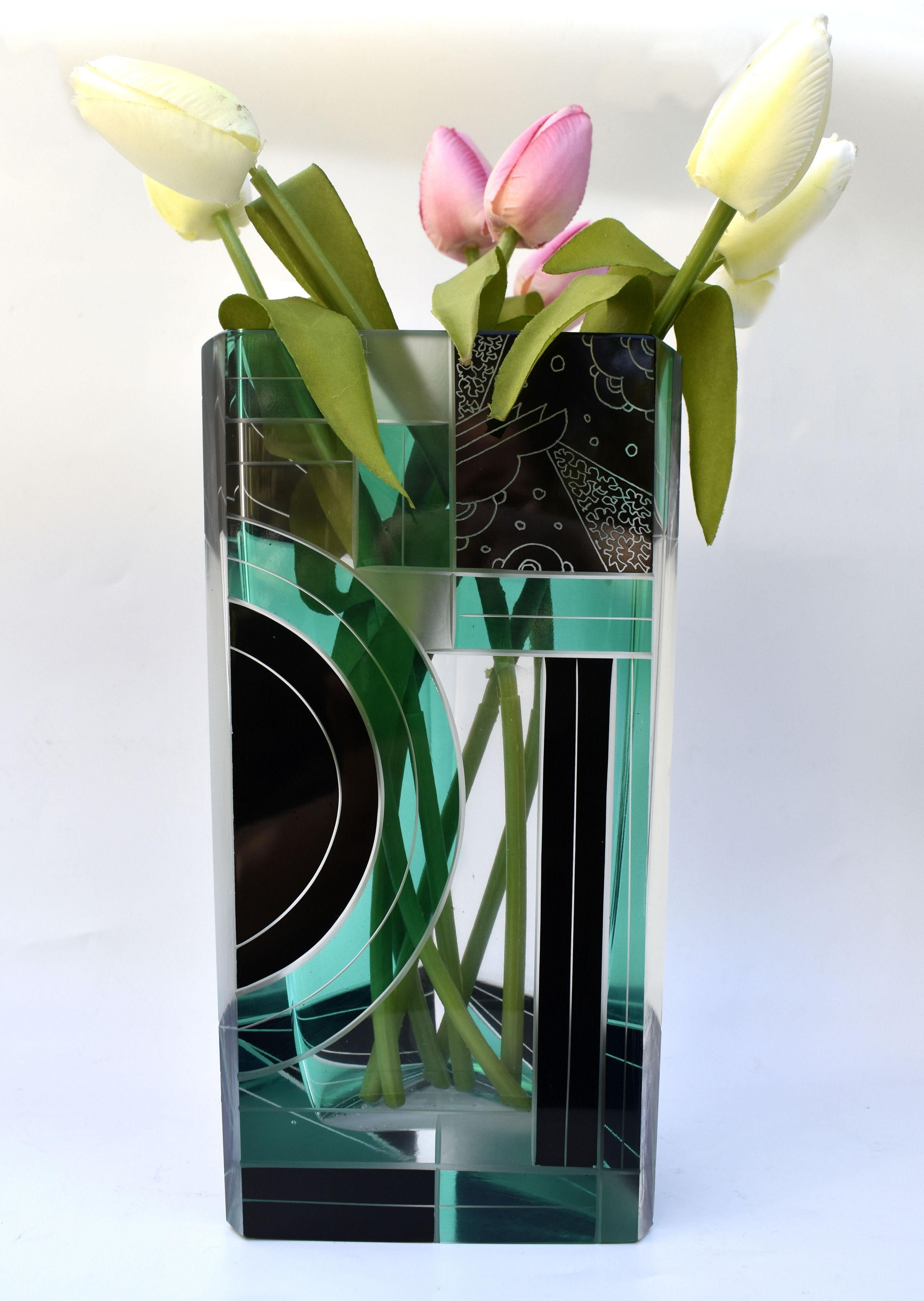 Art Deco Huge Cut Glass & Enamel Etched Vase, c1930 1