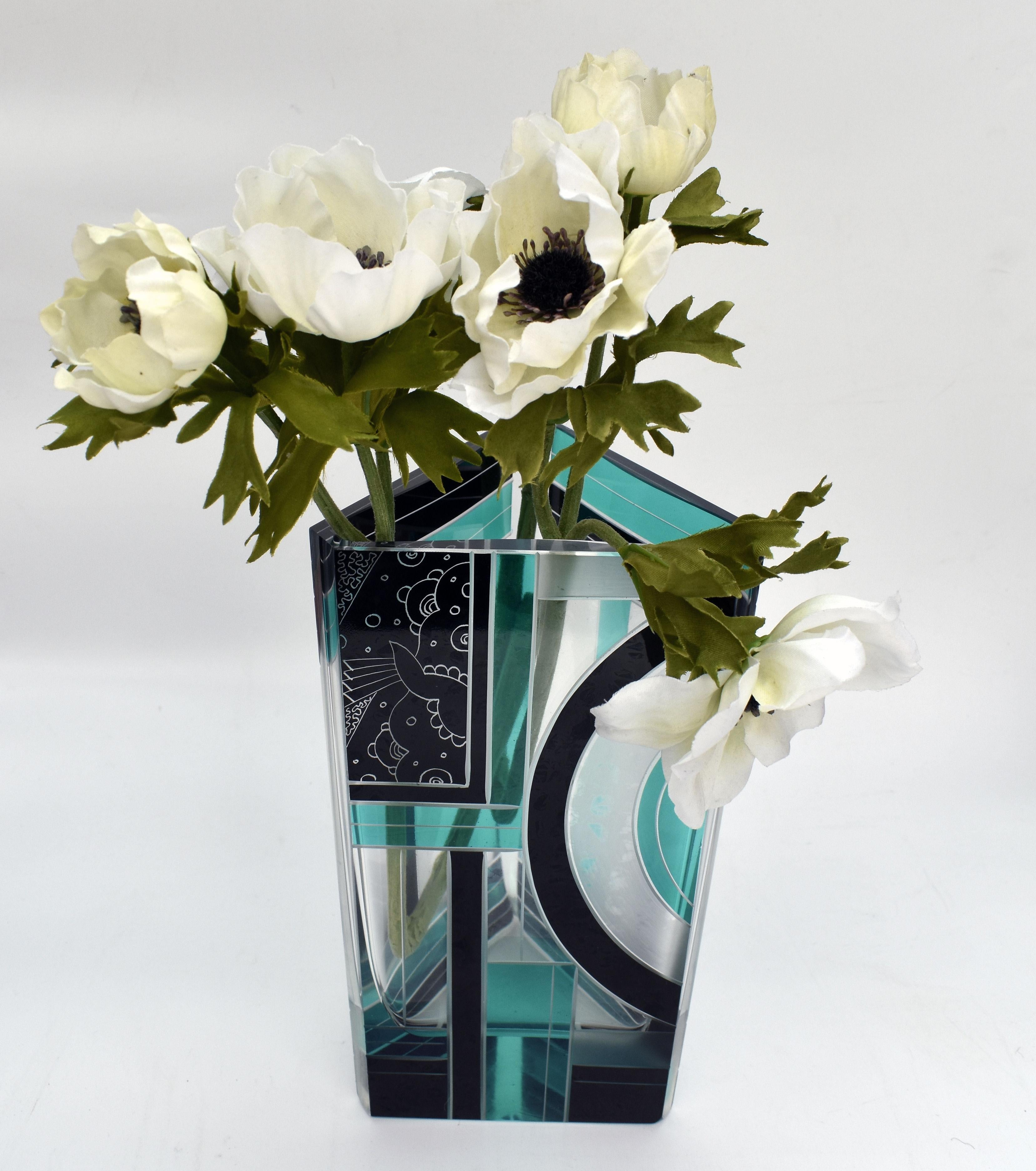 Art Deco Huge Cut Glass & Enamel Etched Vase, c1930 3
