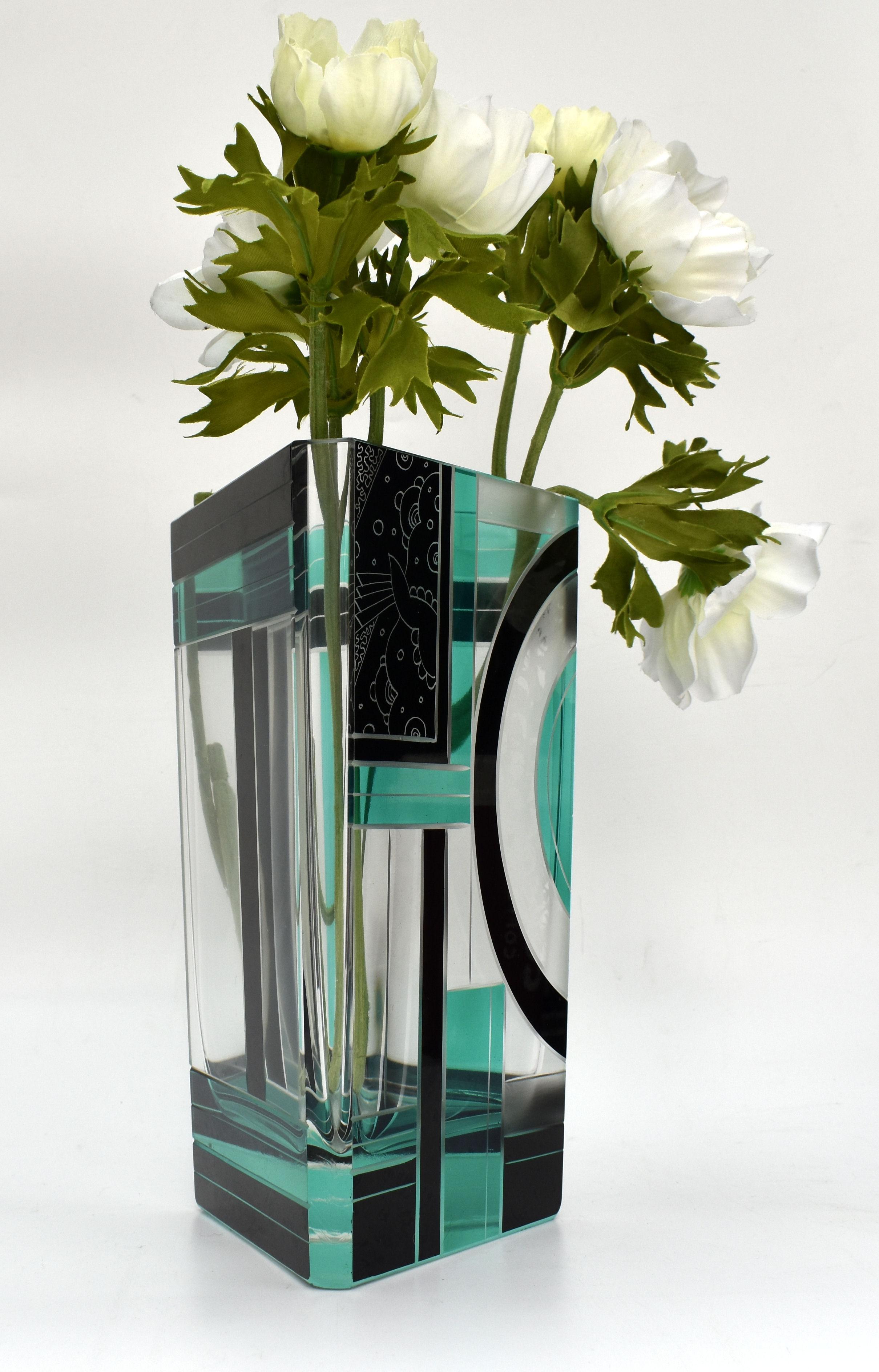 Art Deco Huge Cut Glass & Enamel Etched Vase, c1930 4