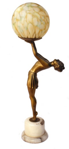 Art Deco Huge Figural Spelter Lady Lamp By Balleste, c1930