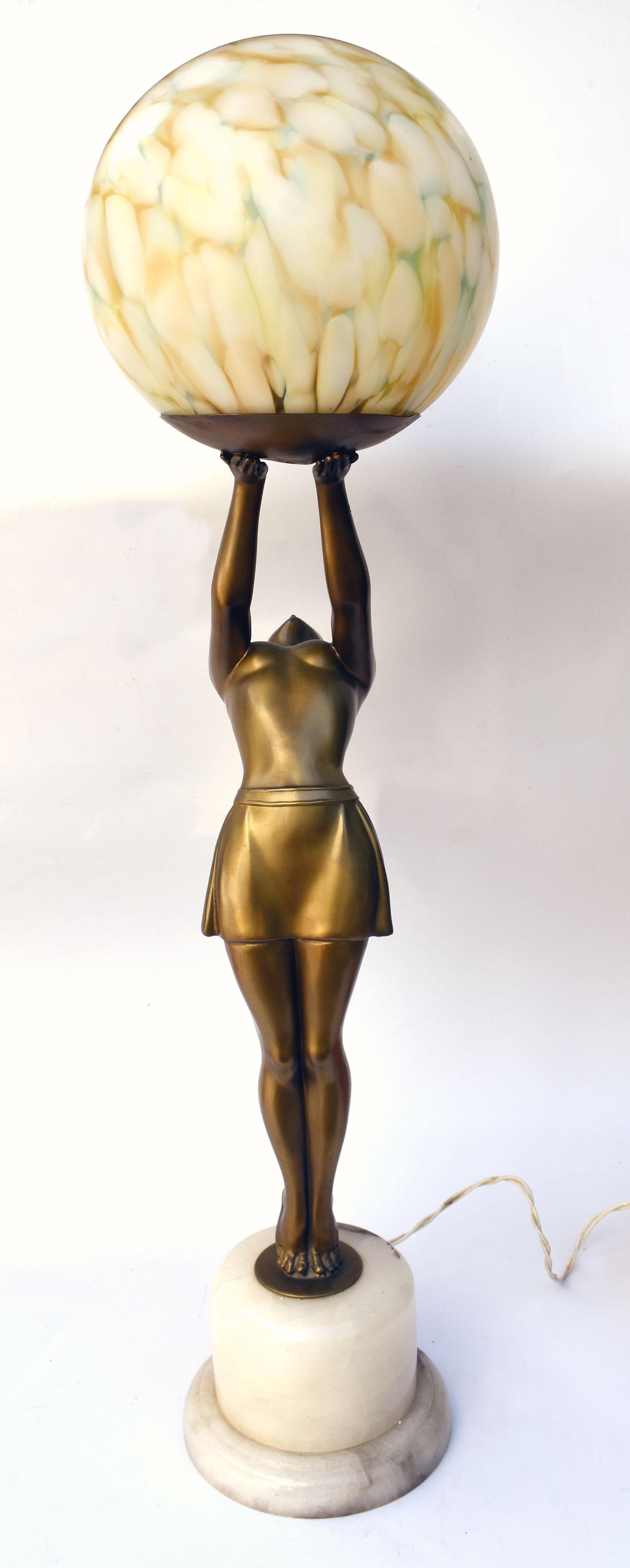 French Art Deco Huge Figural Spelter Lady Lamp By Balleste, c1930