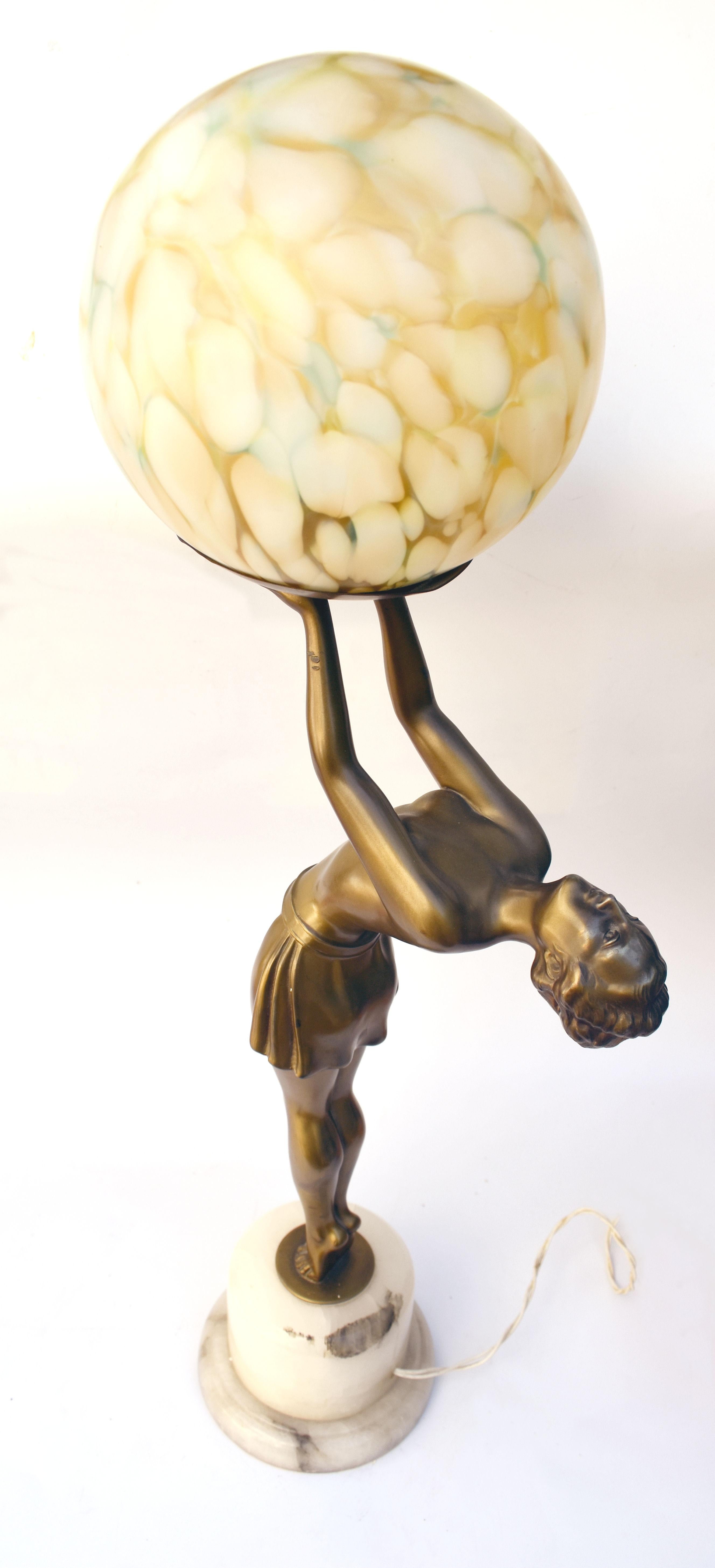 Glass Art Deco Huge Figural Spelter Lady Lamp By Balleste, c1930