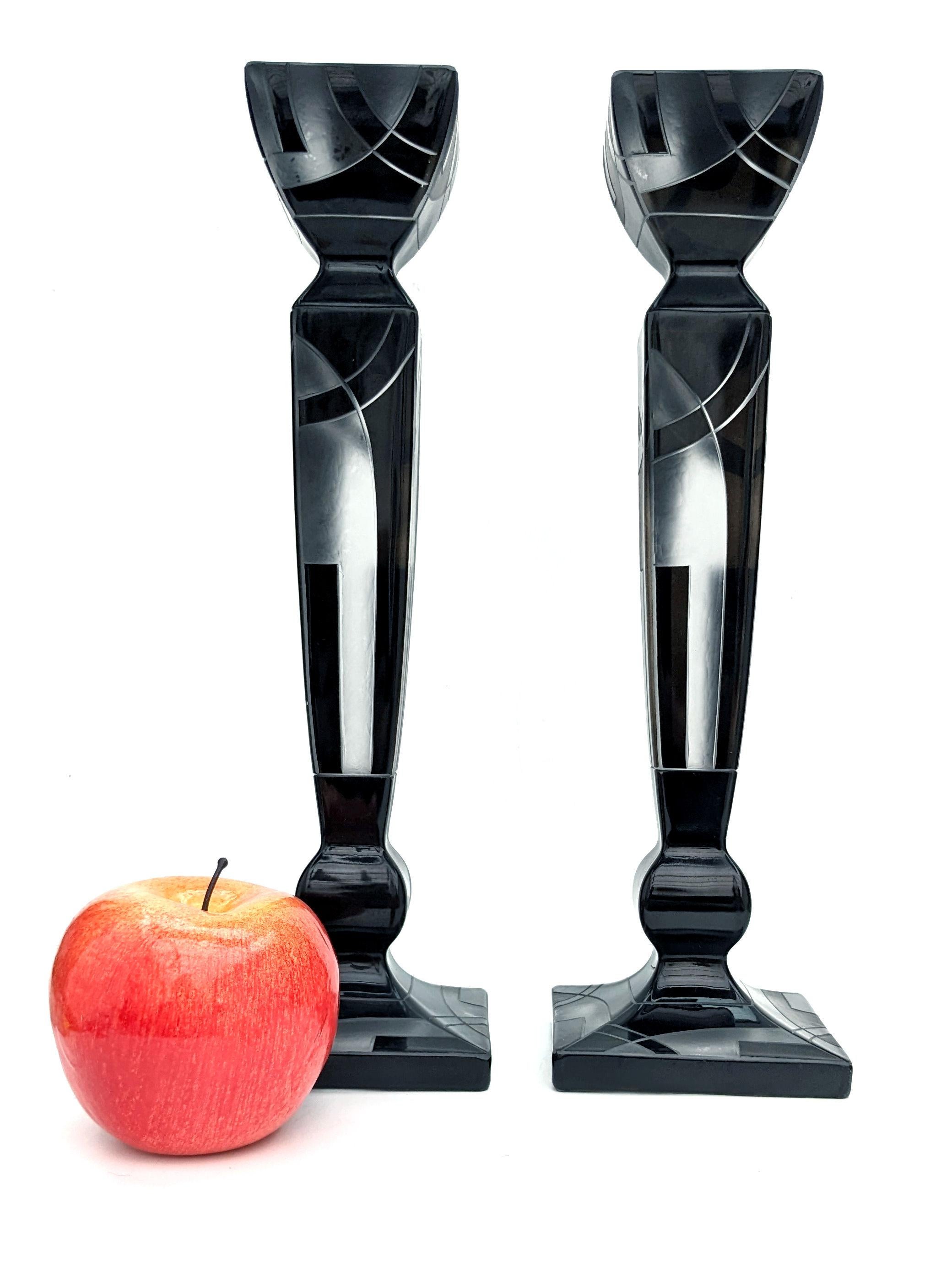 Standing a whooping 31 cm tall are these outstanding matching pair of original Art Deco Czech glass candle sticks. These really do have the wow factor. Black enamel geometrically decorated with frosted and acid etched detailing. Both candle holders
