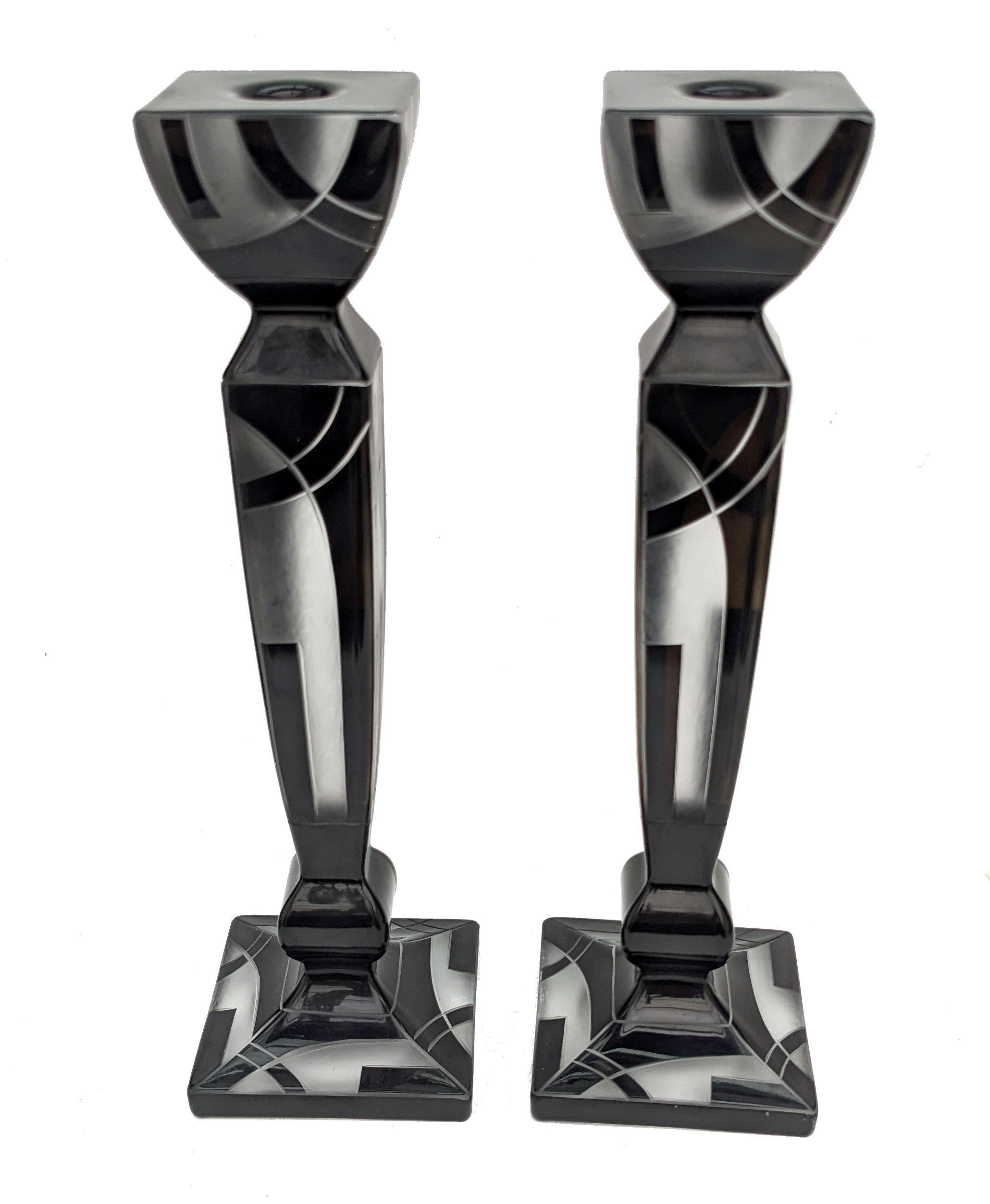 Art Deco Huge Matching Pair Of Spectacular Czech Glass Candlesticks, c1930 In Good Condition For Sale In Devon, England