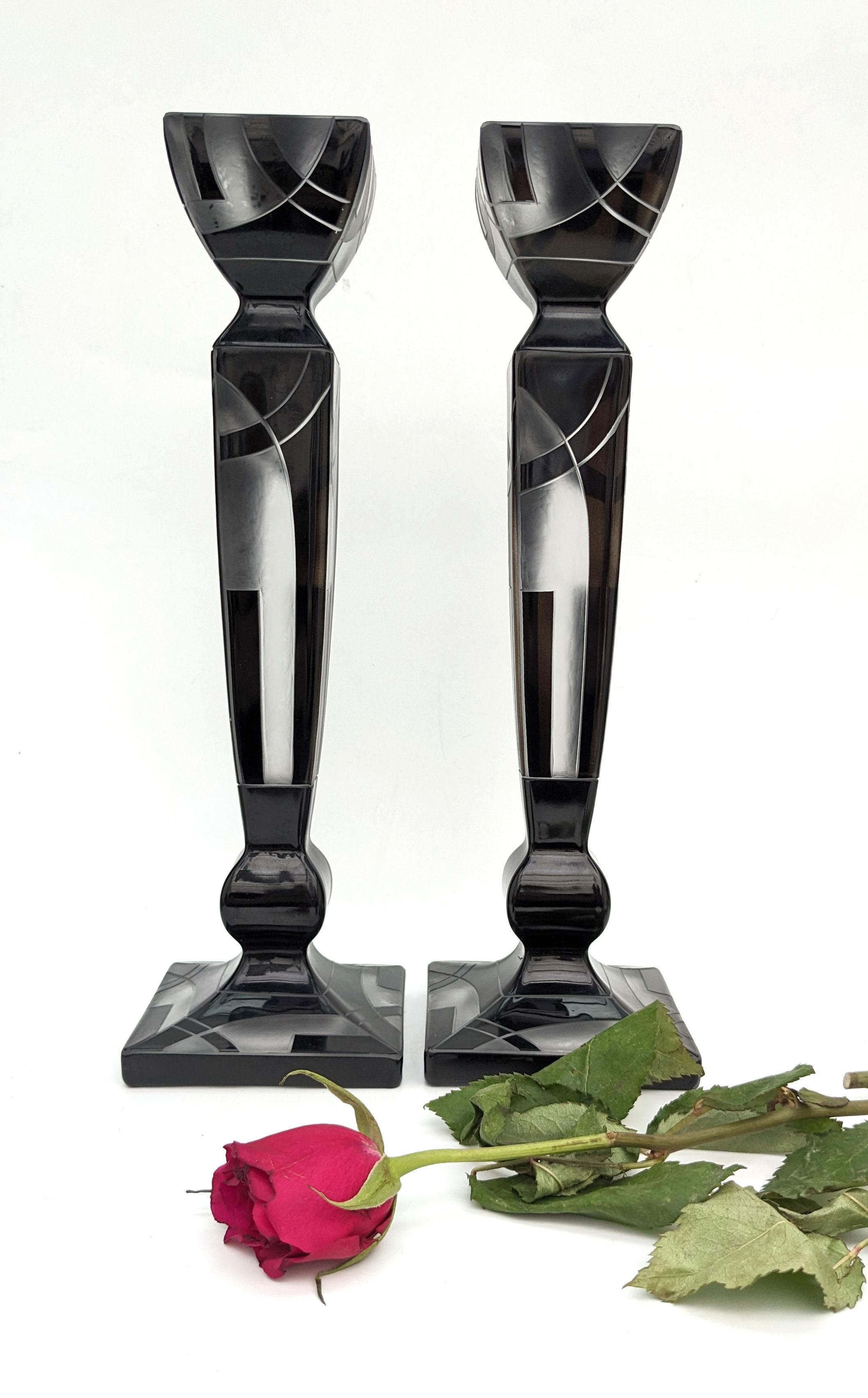 Art Deco Huge Matching Pair Of Spectacular Czech Glass Candlesticks, c1930 For Sale 2