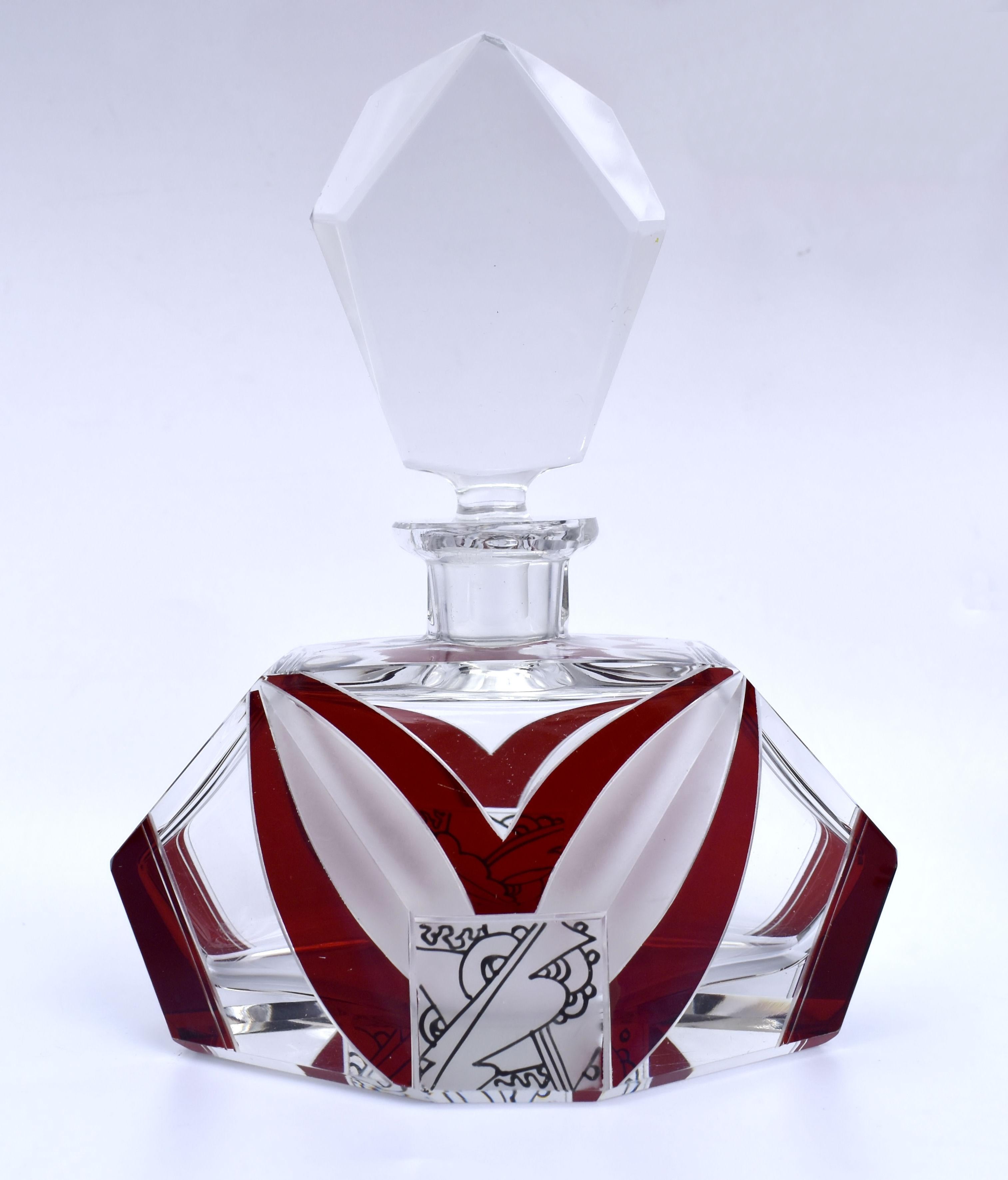 For your consideration is this over sized Art Deco crystal glass & enamel decorated perfume bottle. Beautiful and very collectable dating from the 1930s and made by Karl Palda, it's one of the best examples we've come across. The condition is as