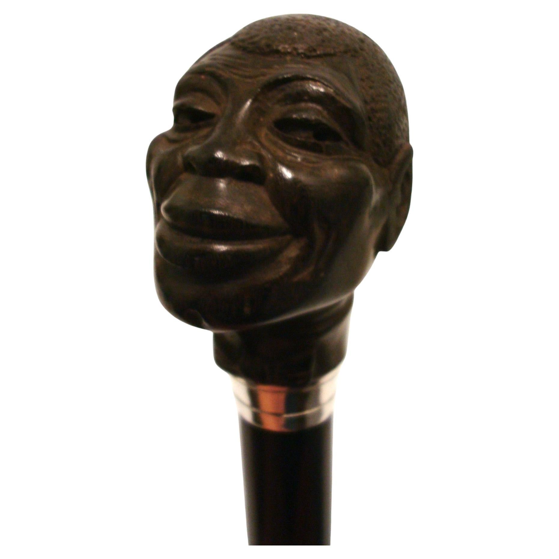 Art Deco Humorous Black Man Portrait Ebony Sculpture Walking Stick Cane.