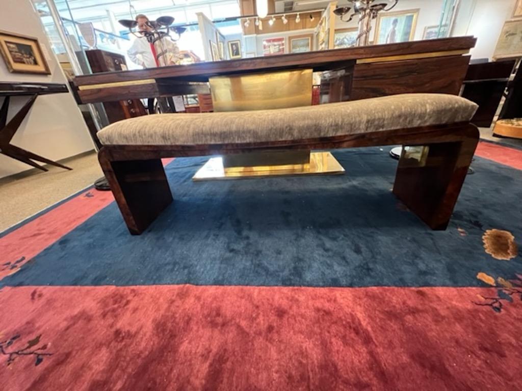 Beautiful, comfortable bench is fadeout of burl walnut wood and newly re-upholstered in the light beige fabric. Seat of the bench is slightly curved and smoothly transferring into the two wide prominent legs. 

 Condition is perfect, restored.