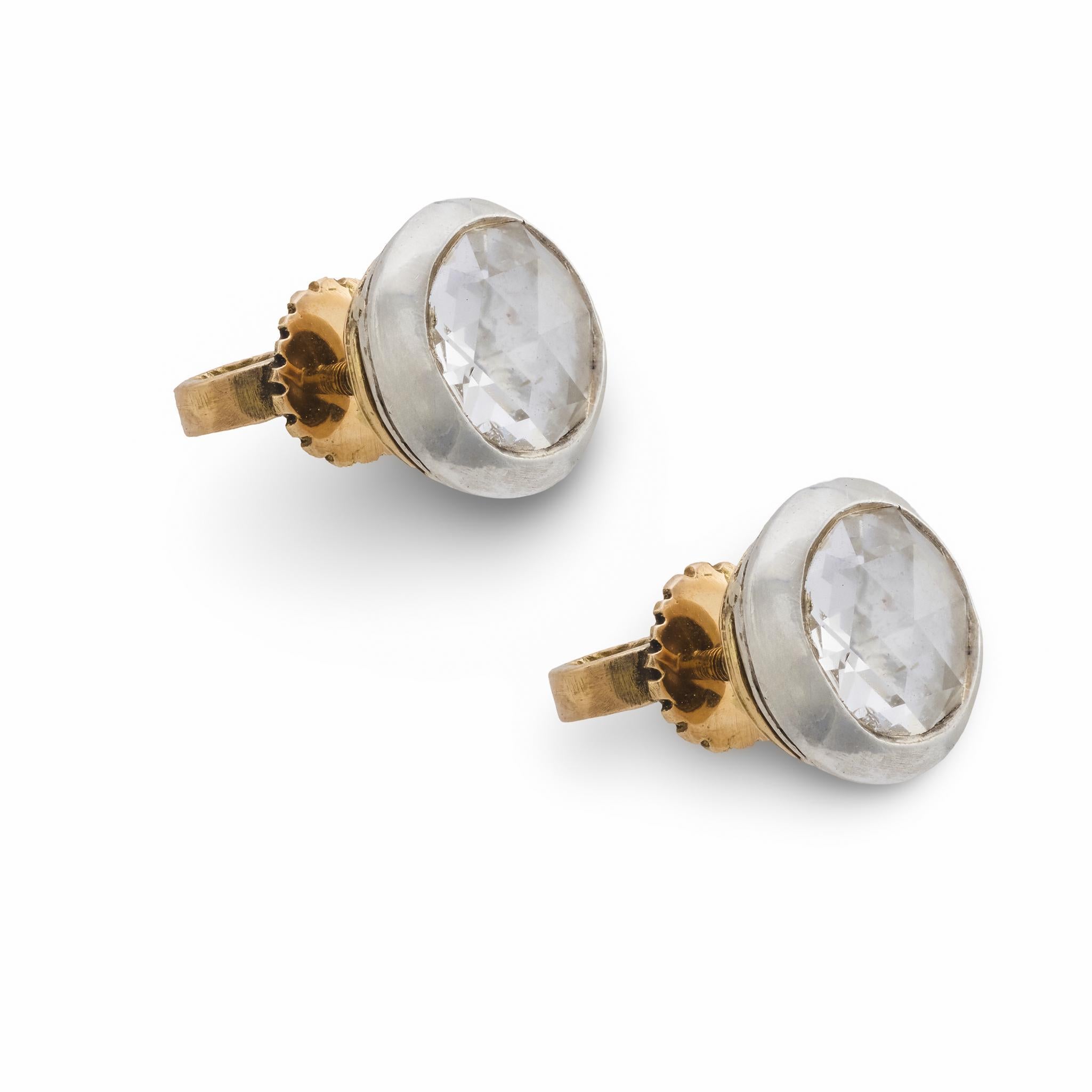 Taille rose Boucles d'oreilles Art déco en or jaune 14k et argent avec diamant hongrois taillé en rose en vente