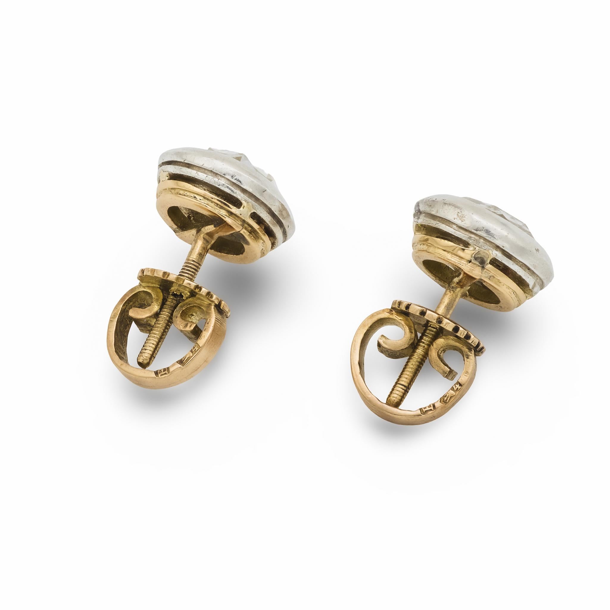 Boucles d'oreilles Art déco en or jaune 14k et argent avec diamant hongrois taillé en rose Pour femmes en vente