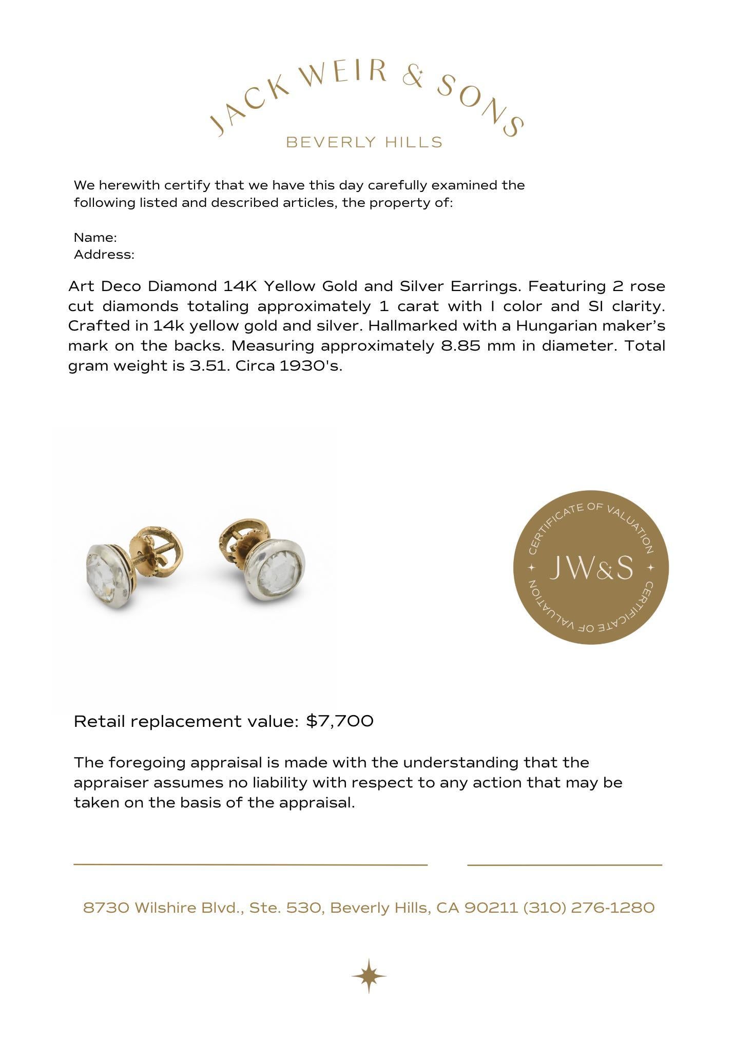 Boucles d'oreilles Art déco en or jaune 14k et argent avec diamant hongrois taillé en rose en vente 3