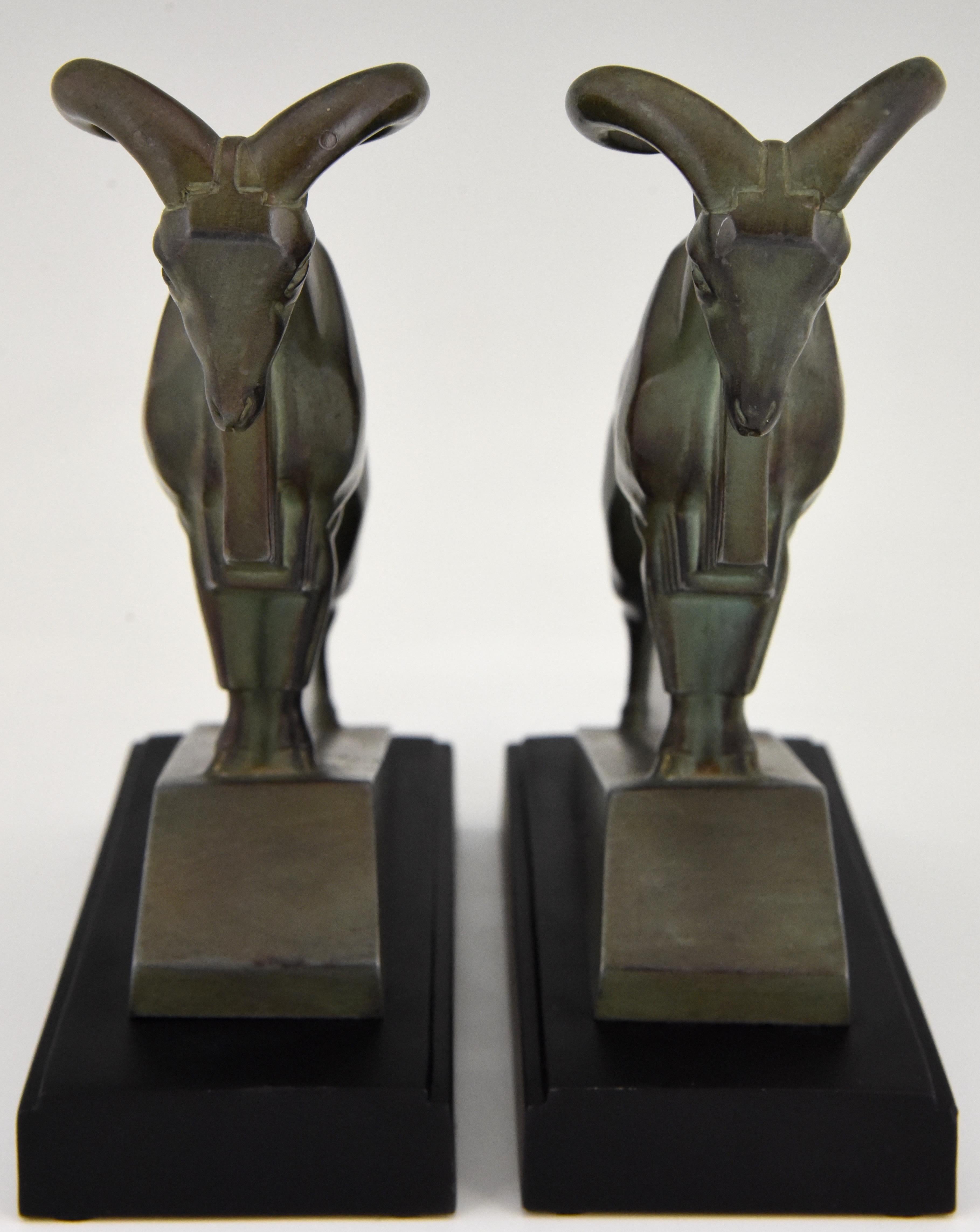 Patinated Art Deco Ibex or Ram Bookends Max Le Verrier France, 1930